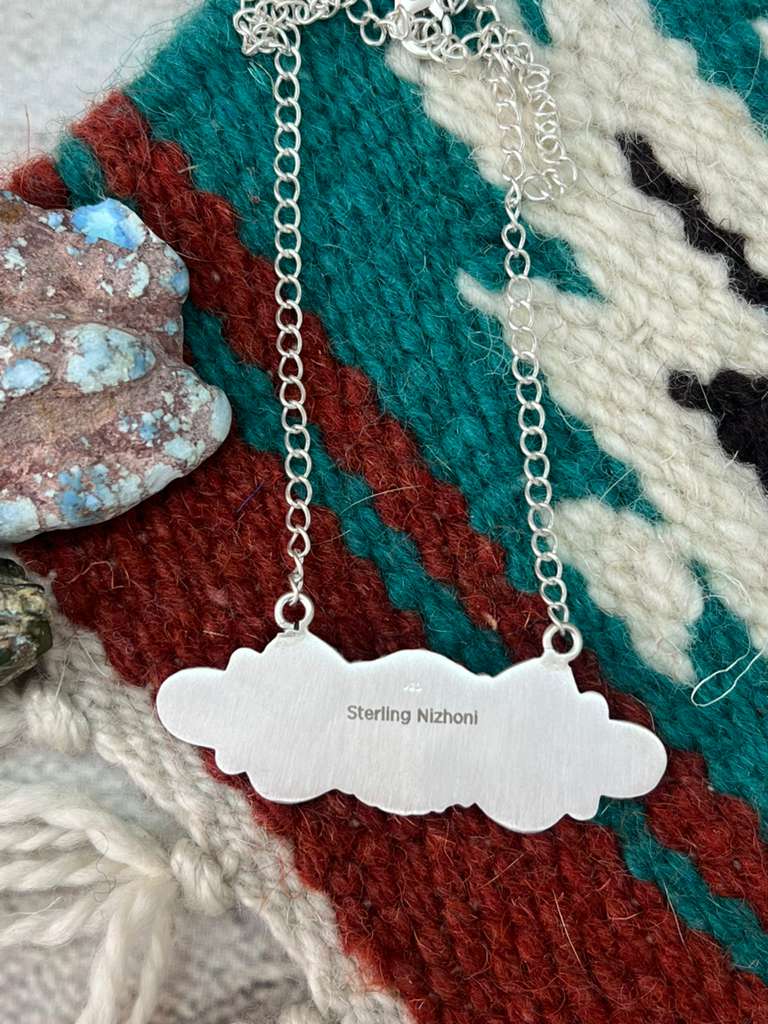 Handmade Sterling Silver Kingman Turquoise Necklace with Signed Nizhoni