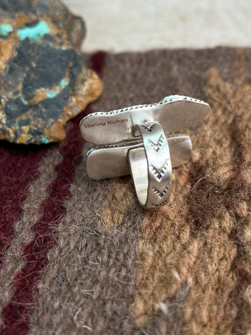 Handmade Sterling Silver Dahlia Rose With Emerald Valley Turquoise Ring "Signed Nizhoni"