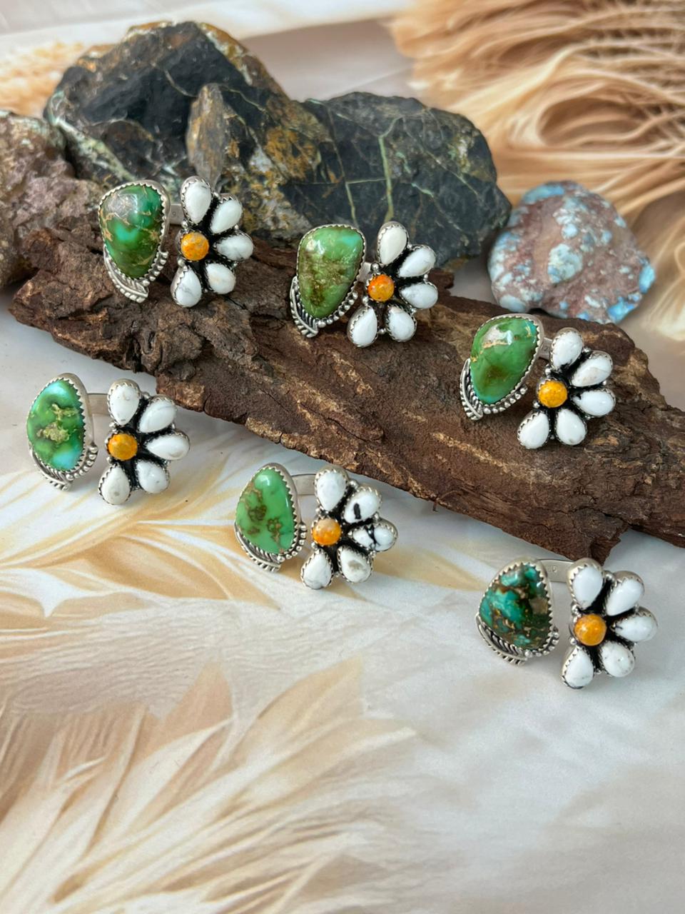 Handmade Sterling Silver Spring Collection: Bumble Bee with Sonoran and White Buffalo Adjustable Ring "Signed Nizhoni" DAISY