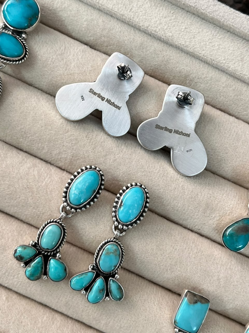 Handmade Sterling Silver Campitos Turquoise Collection: Post Dangle/Studs Earrings Signed Nizhoni