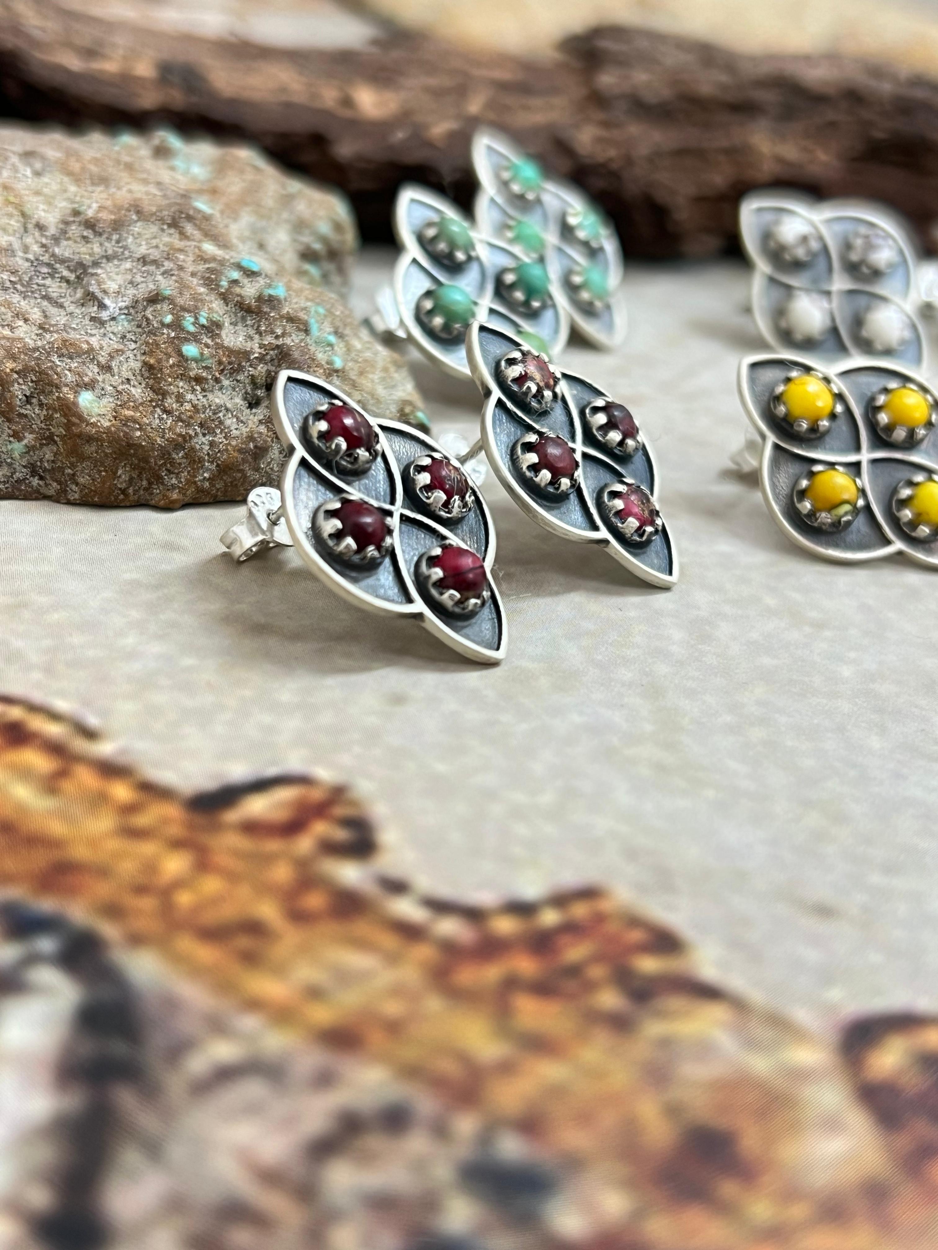 Handmade Sterling Silver Multi Stone Post Studs with Signed Nizhoni