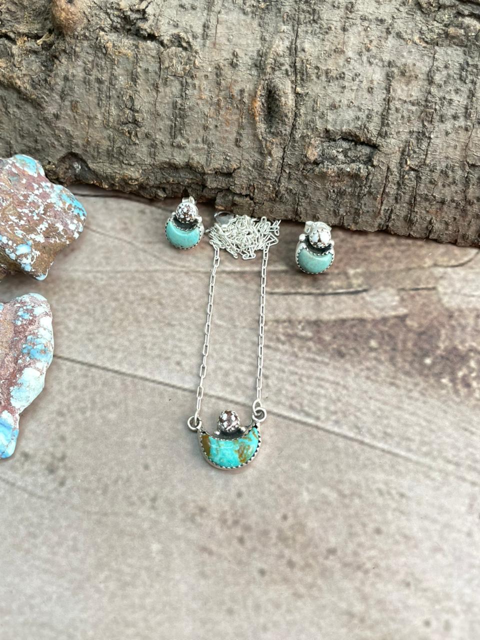Handmade Sterling Silver Wildhorse Magnesite With Kingman Turquoise Moon Shape Necklace Earrings Set with Signed Nizhoni