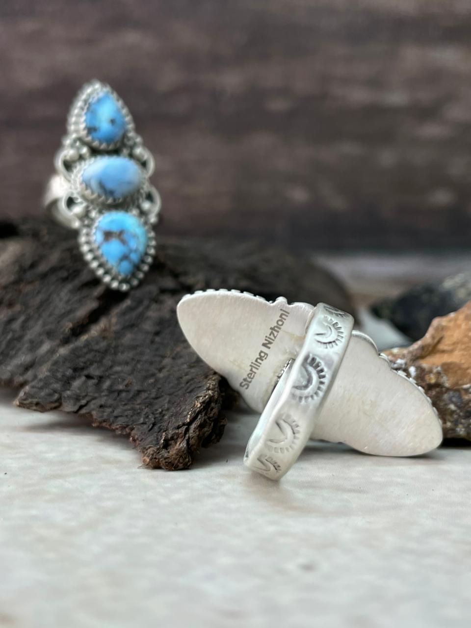 Handmade Sterling Silver Golden Hills Turquoise Adjustable Ring "Signed Nizhoni"