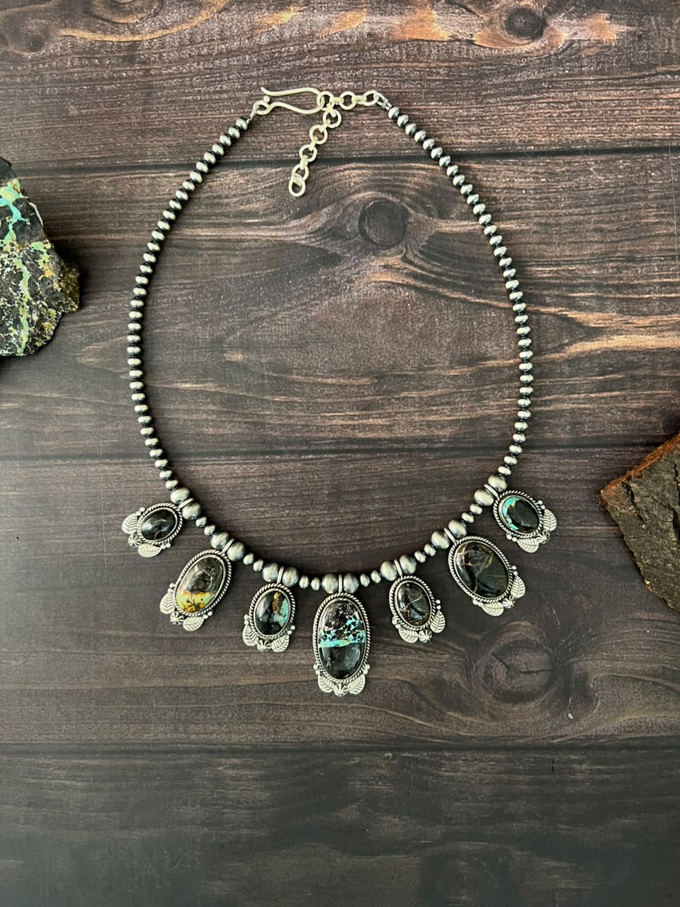 Handmade Sterling Silver Blackjack Turquoise Collection: Beaded Necklace Signed Nizhoni