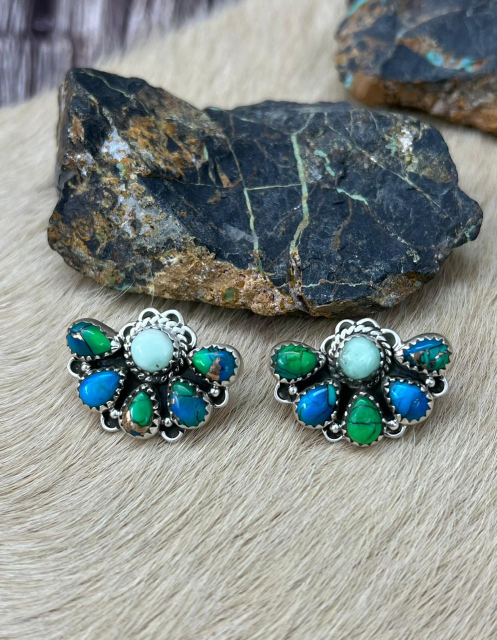 Handmade Sterling Silver Peacock Dahlia with Palomino Post Studs Earrings "Signed Nizhoni"