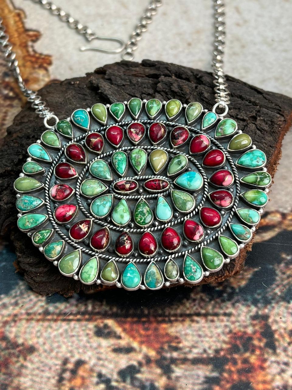 Handmade Sterling Silver Dahlia Rose with Emerald Valley Turquoise Necklace "Signed Nizhoni"