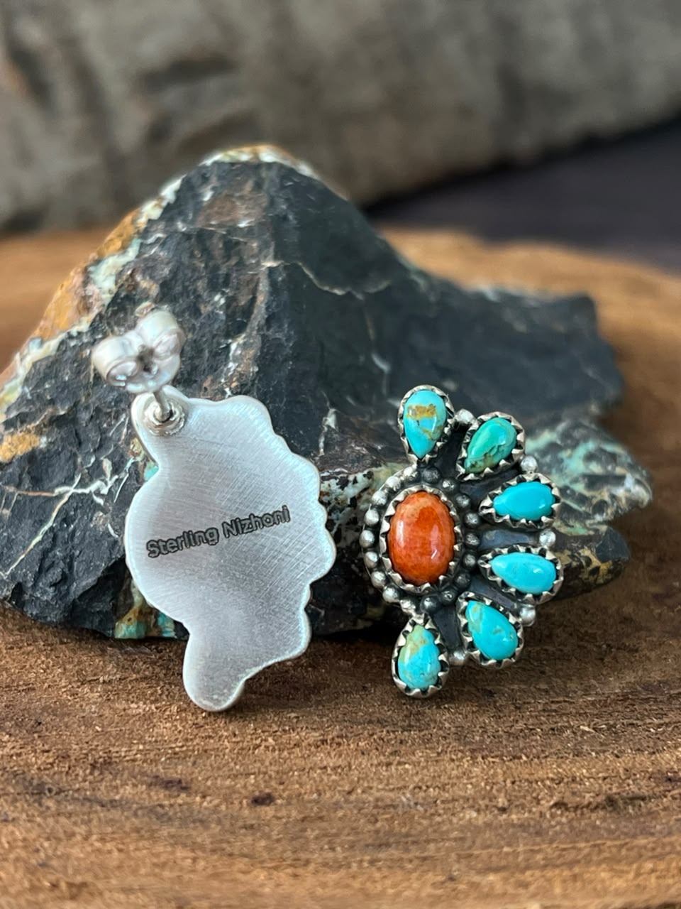 Handmade Sterling Silver Kingman Turquoise with Orange Mojave Post Studs Earrings Signed Nizhoni