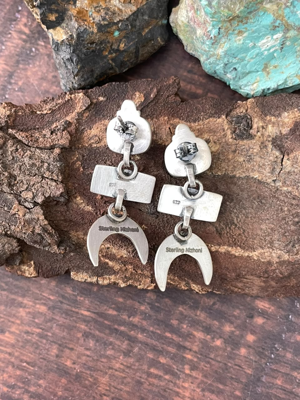 Handmade Sterling Silver Kingman Turquoise NFR Collection: Post Dangle Earrings Signed Nizhoni