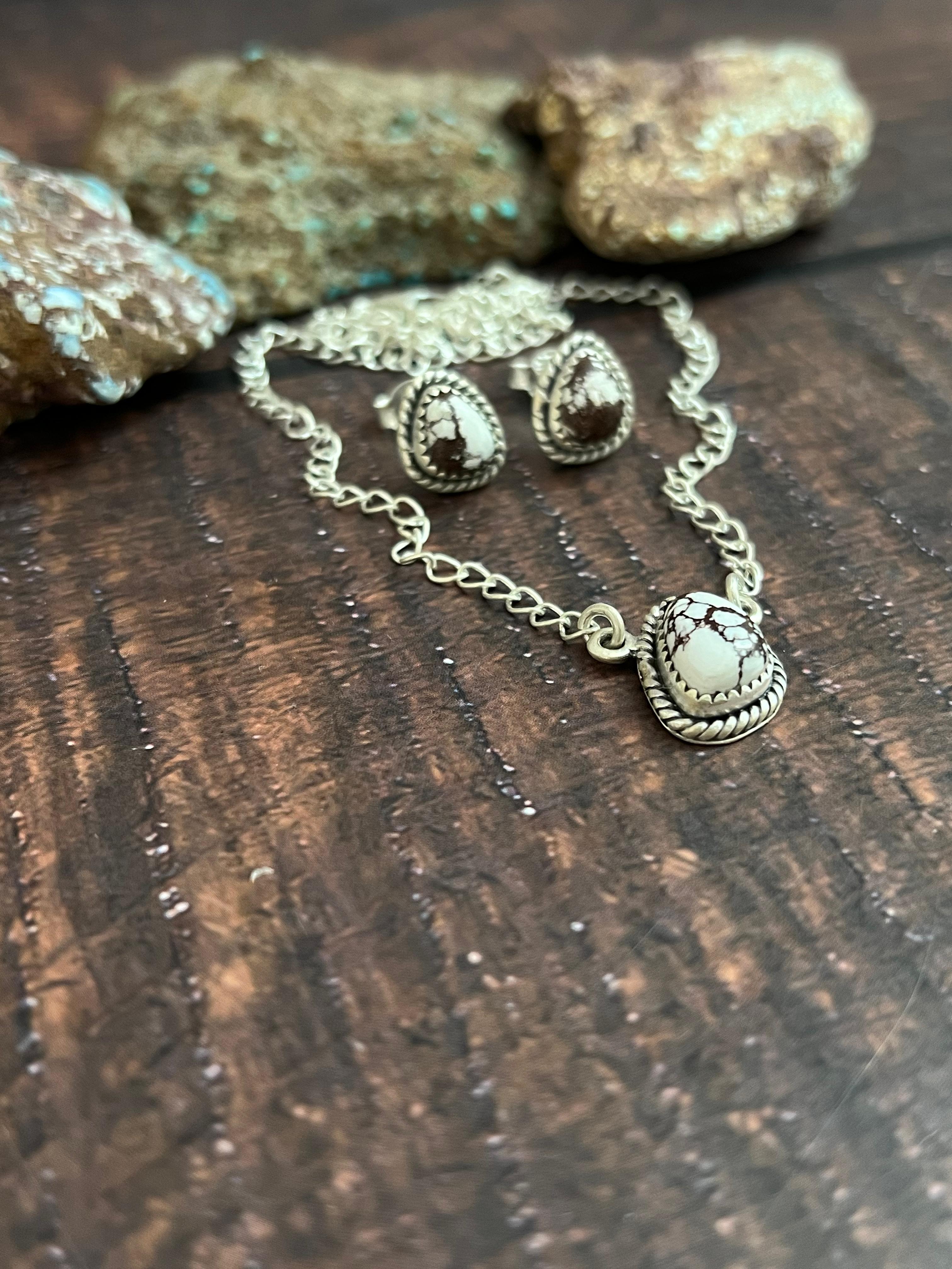 Handmade Sterling Silver Wild Horse Necklace Earrings Set with Signed Nizhoni