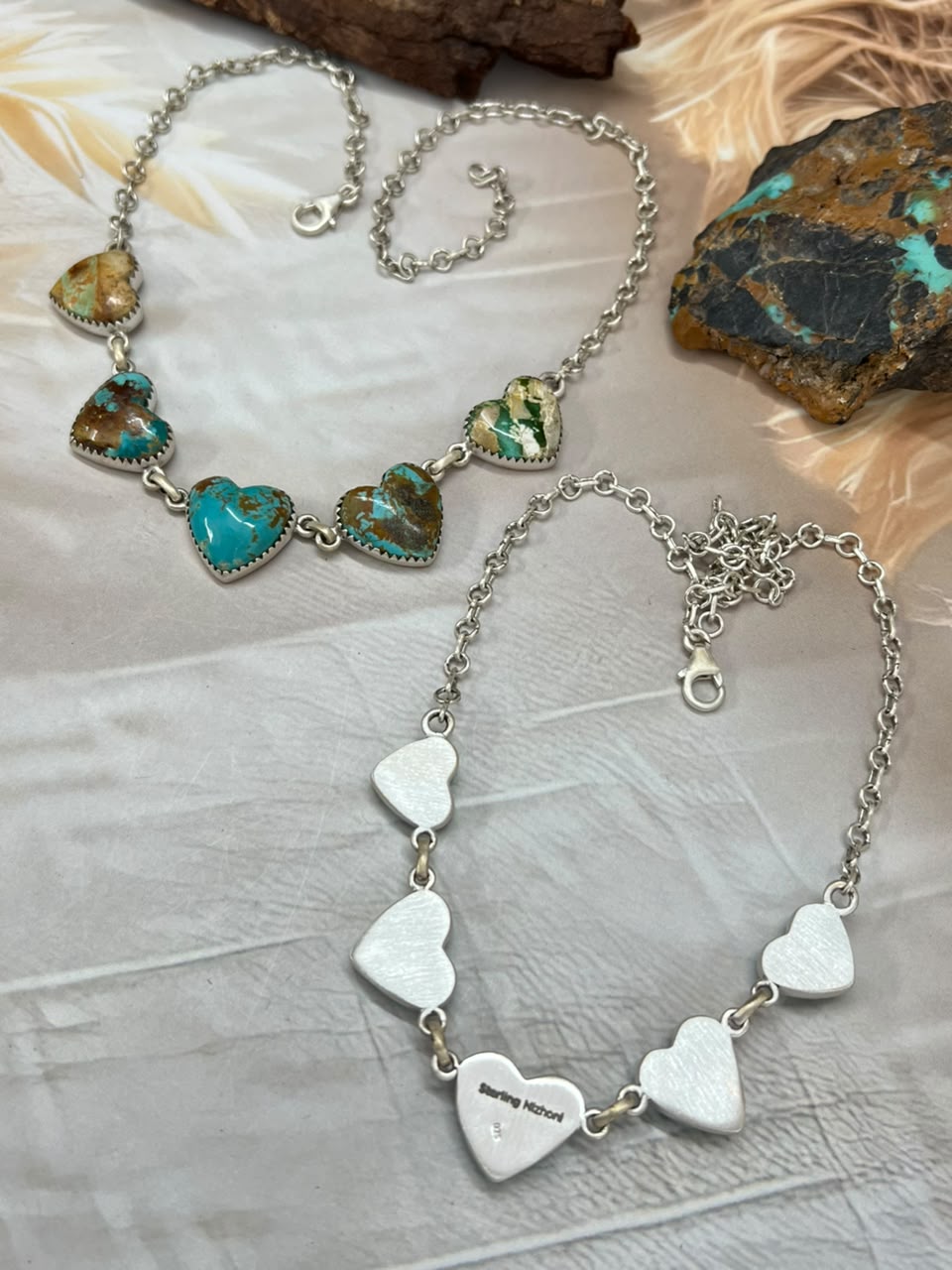 Handmade Sterling Silver Sierra Bella and Royston Turquoise Heart Necklace Signed Nizhoni