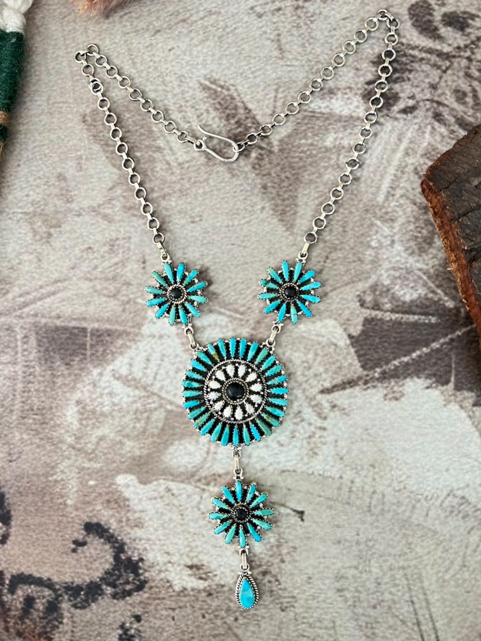 Handmade Sterling Silver Kingman Turquoise with White Buffalo Drop Necklace Signed Nizhoni