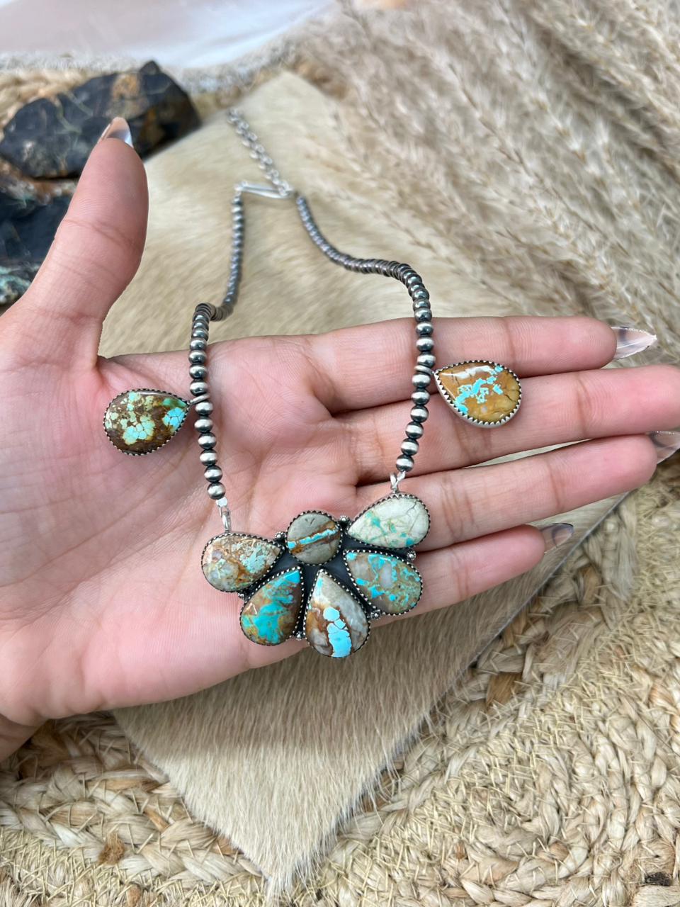 Handmade Sterling Silver Royston Ribbon Turquoise Beaded Necklace "Signed Nizhoni"