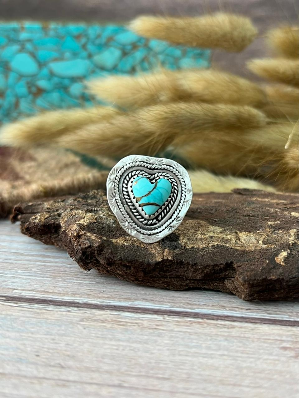 Handmade Sterling Silver Mint Dahlia Collection: Adjustable Heart Ring "Signed Nizhoni"