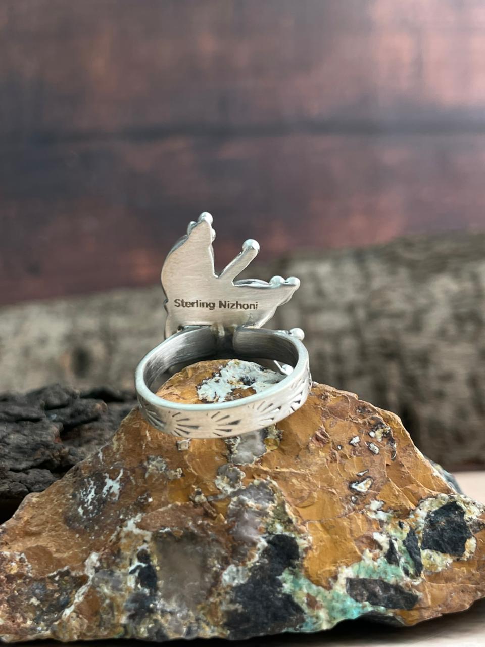Handmade Sterling Silver Kingman Turquoise Adjustable Ring "Signed Nizhoni"