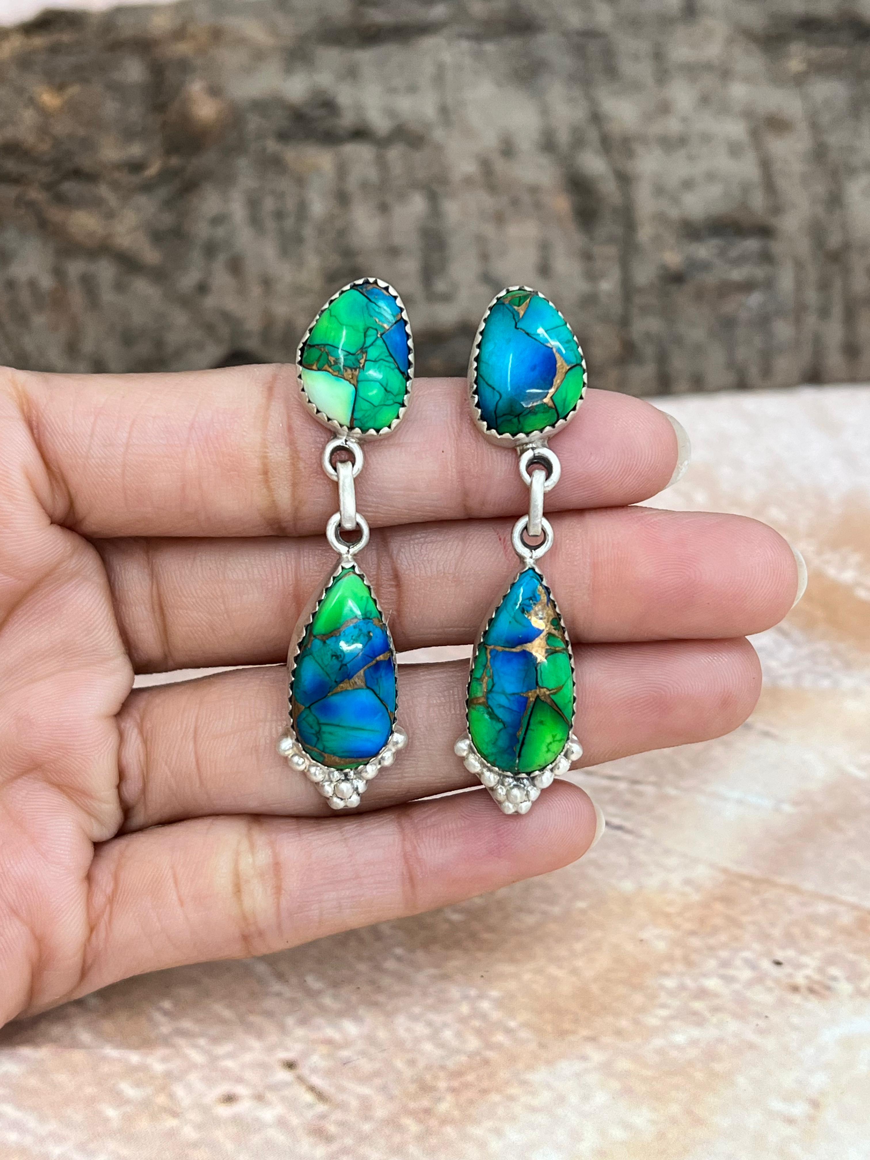 Handmade Sterling Silver Peacock Dahlia Post Earrings with Signed Nizhoni