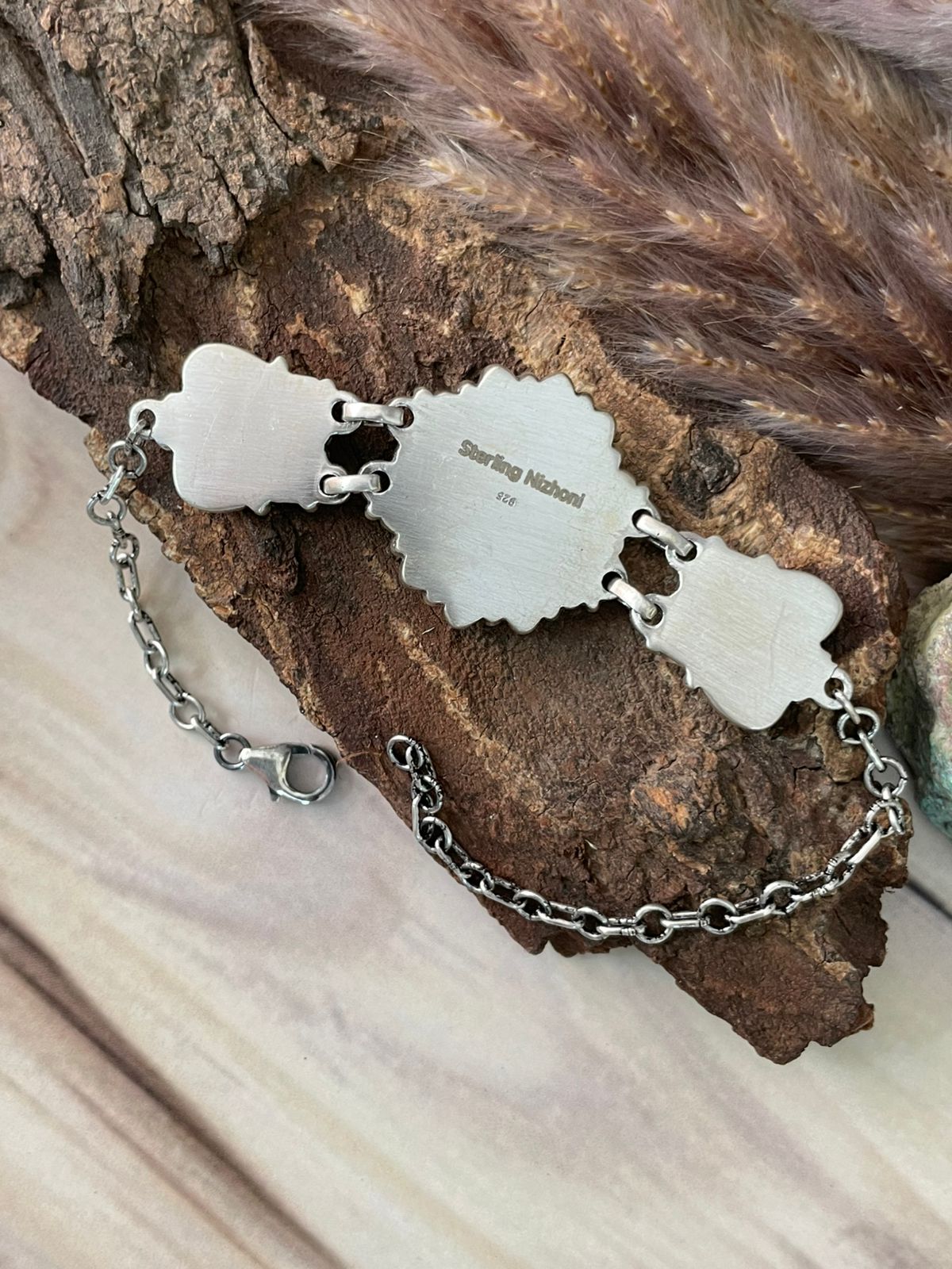 Handmade Sterling Silver Kingman Turquoise Chain Bracelet Signed Nizhoni