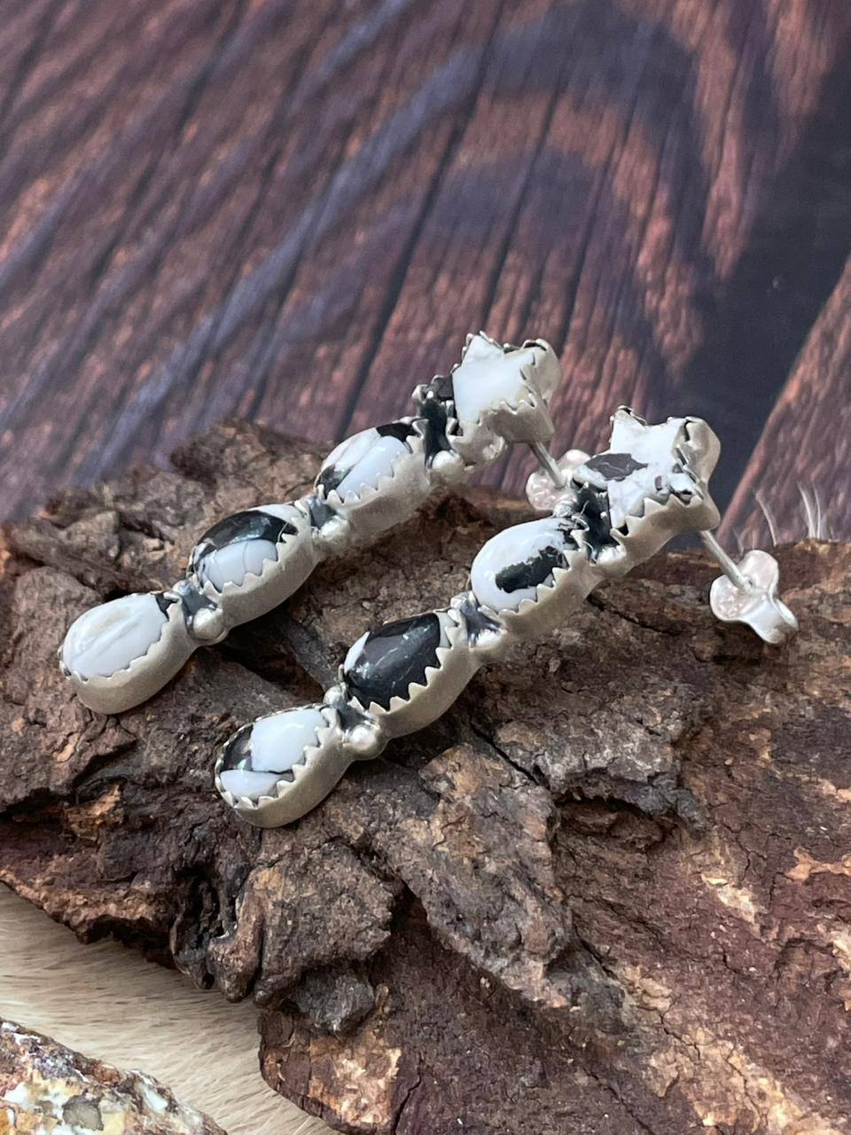 Handmade Sterling Silver White Buffalo Post Earrings "Signed Nizhoni"