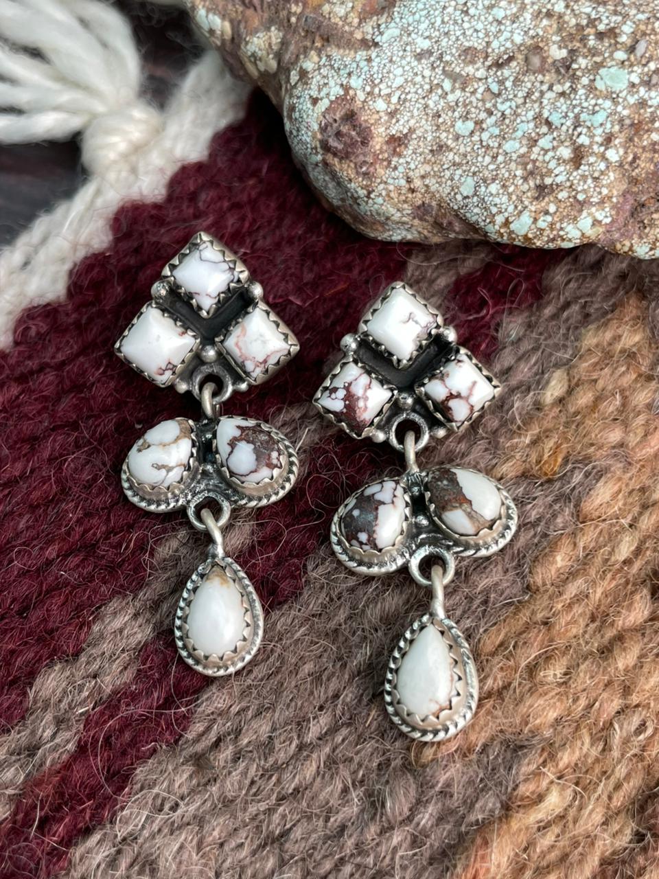 Handmade Sterling Silver Wildhorse Magnesite Post Dangle Earrings "Signed Nizhoni"
