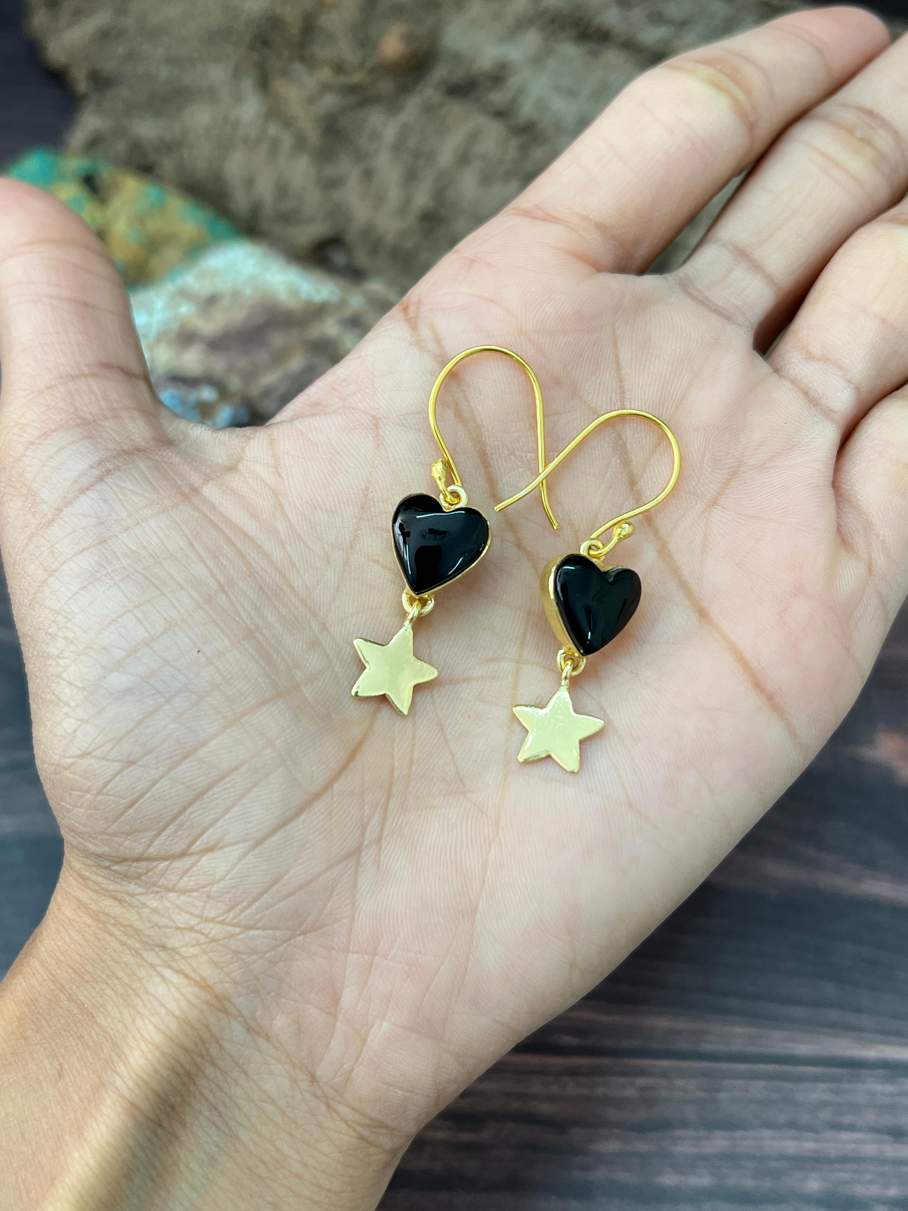 “The Golden Collection” Handmade Natural Black Onyx Hook Dangle Earrings