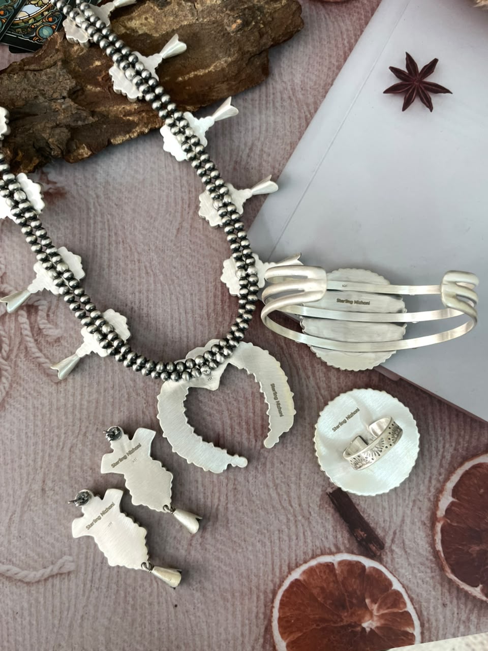 Handmade Sterling Silver Kingman Turquoise with Black Onyx Halloween Collection: Beaded Squash Blossom Necklace, Earrings, Ring and Bangle Set Signed Nizhoni