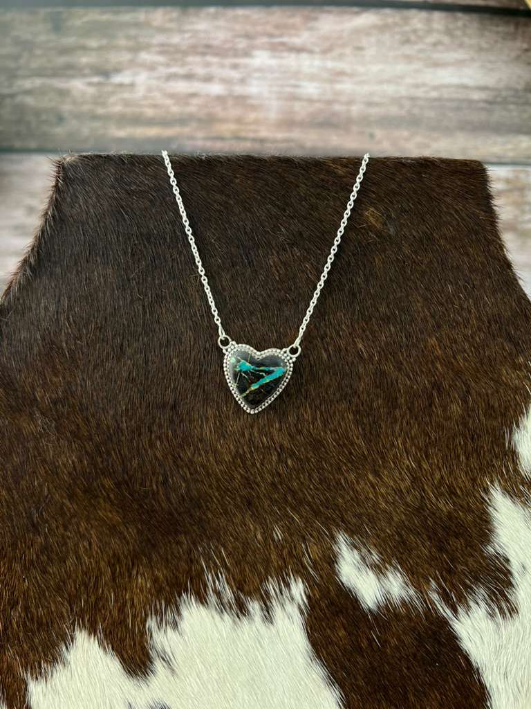 Handmade Sterling Silver Blackjack Turquoise Heart Necklace with Signed Nizhoni (4)