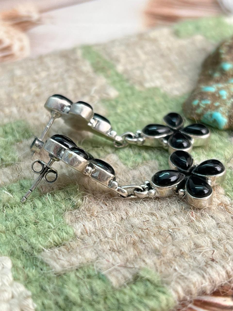 Handmade Sterling Silver Black Onyx Post Dangle Earrings "Signed Nizhoni"