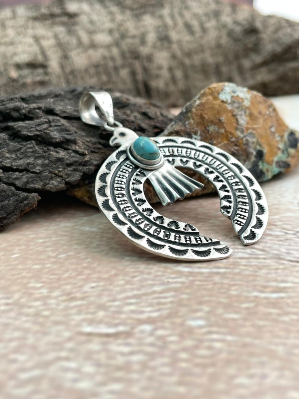 Added Handmade Sterling Silver Kingman Turquoise Naja Pendant "Signed Nizhoni" (3)