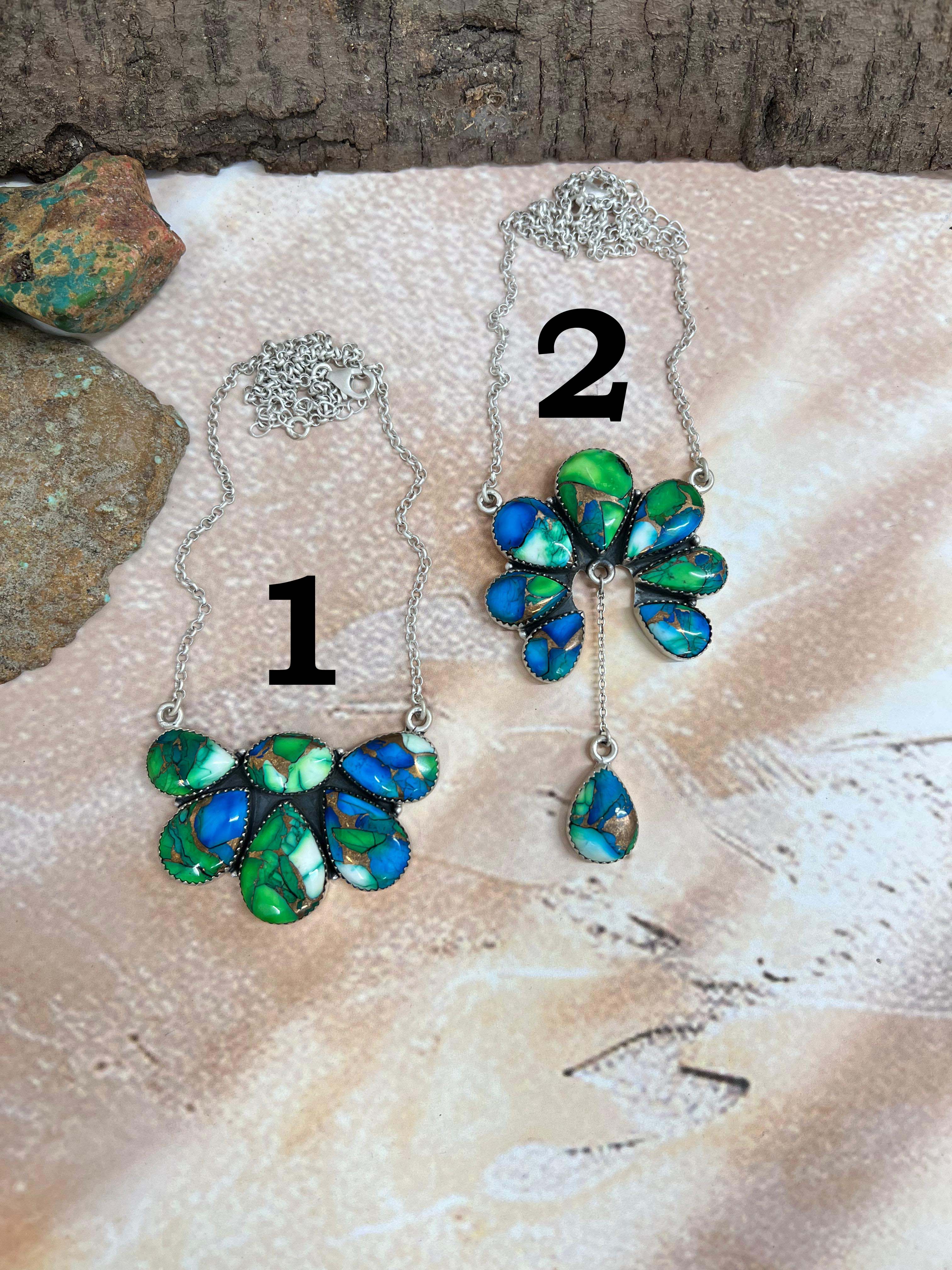 Handmade Sterling Silver Peacock Dahlia Necklace with Signed Nizhoni