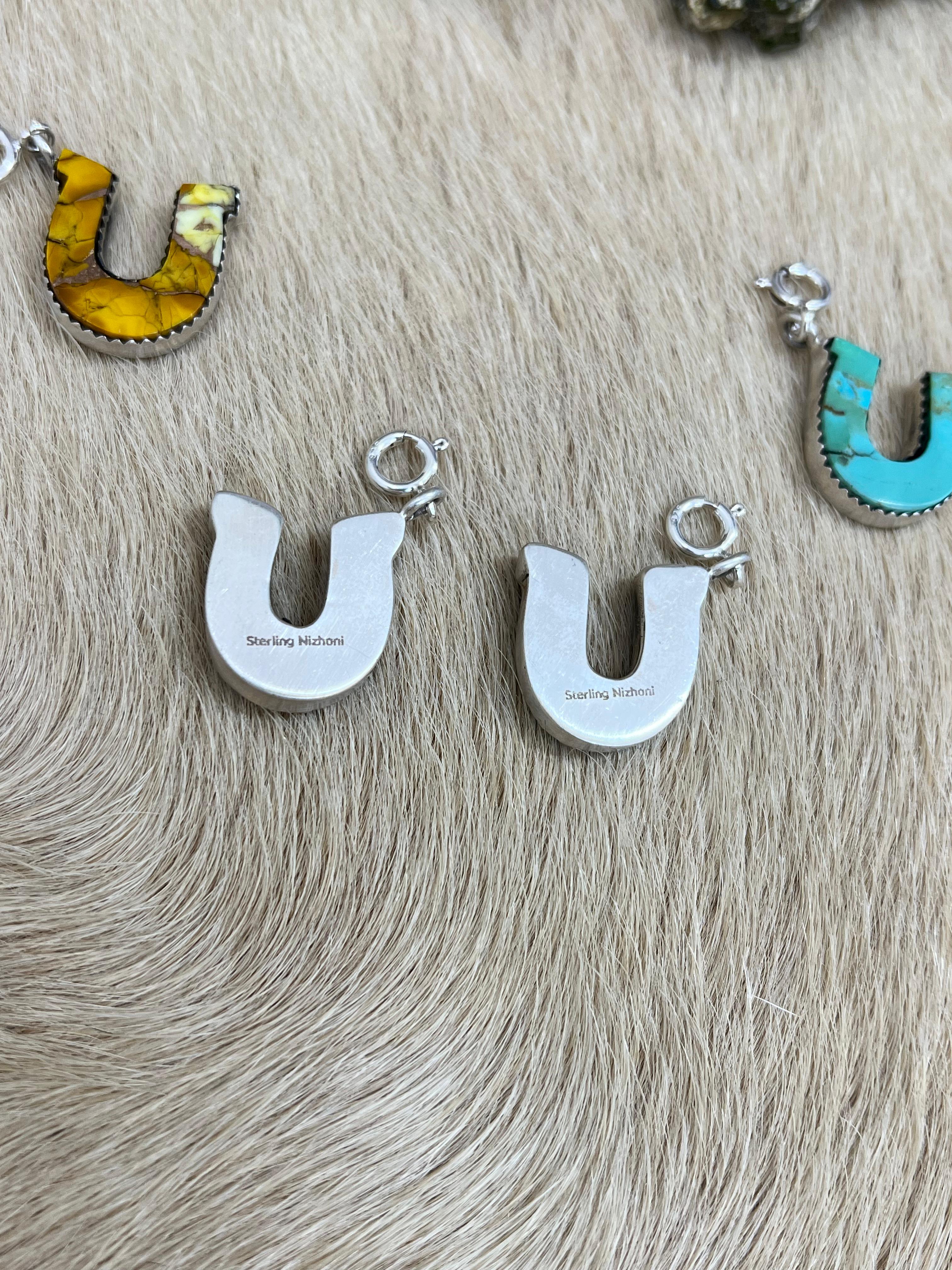 Handmade Horseshoe Sterling Silver Ice Blue Dahlia, Wild Horse, Kingman, Honey Dahlia Charms with Signed Nizhoni