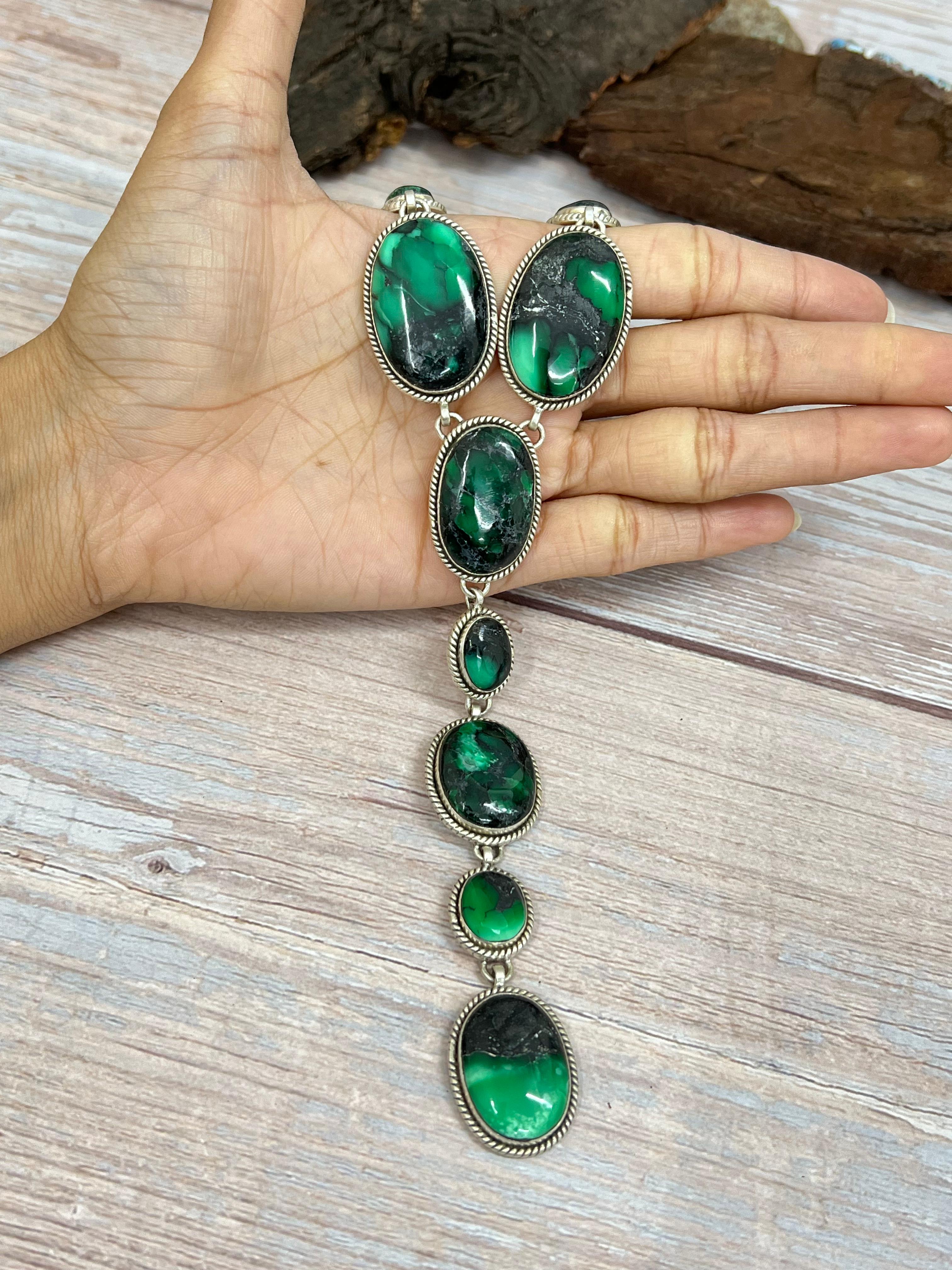 Handmade Sterling Silver Emerald Rose Necklace with Signed Nizhoni