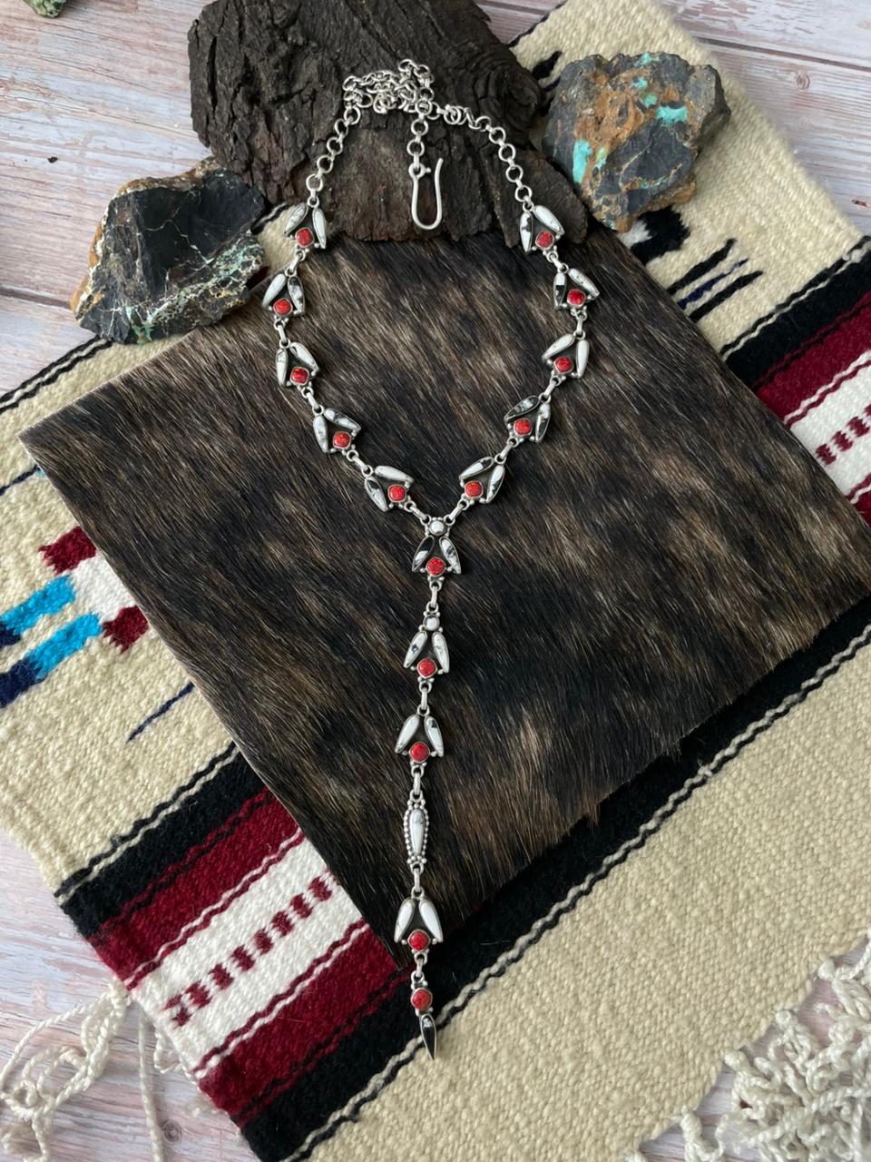 Handmade Sterling Silver White Buffalo with Red Opal Necklace "Signed Nizhoni"