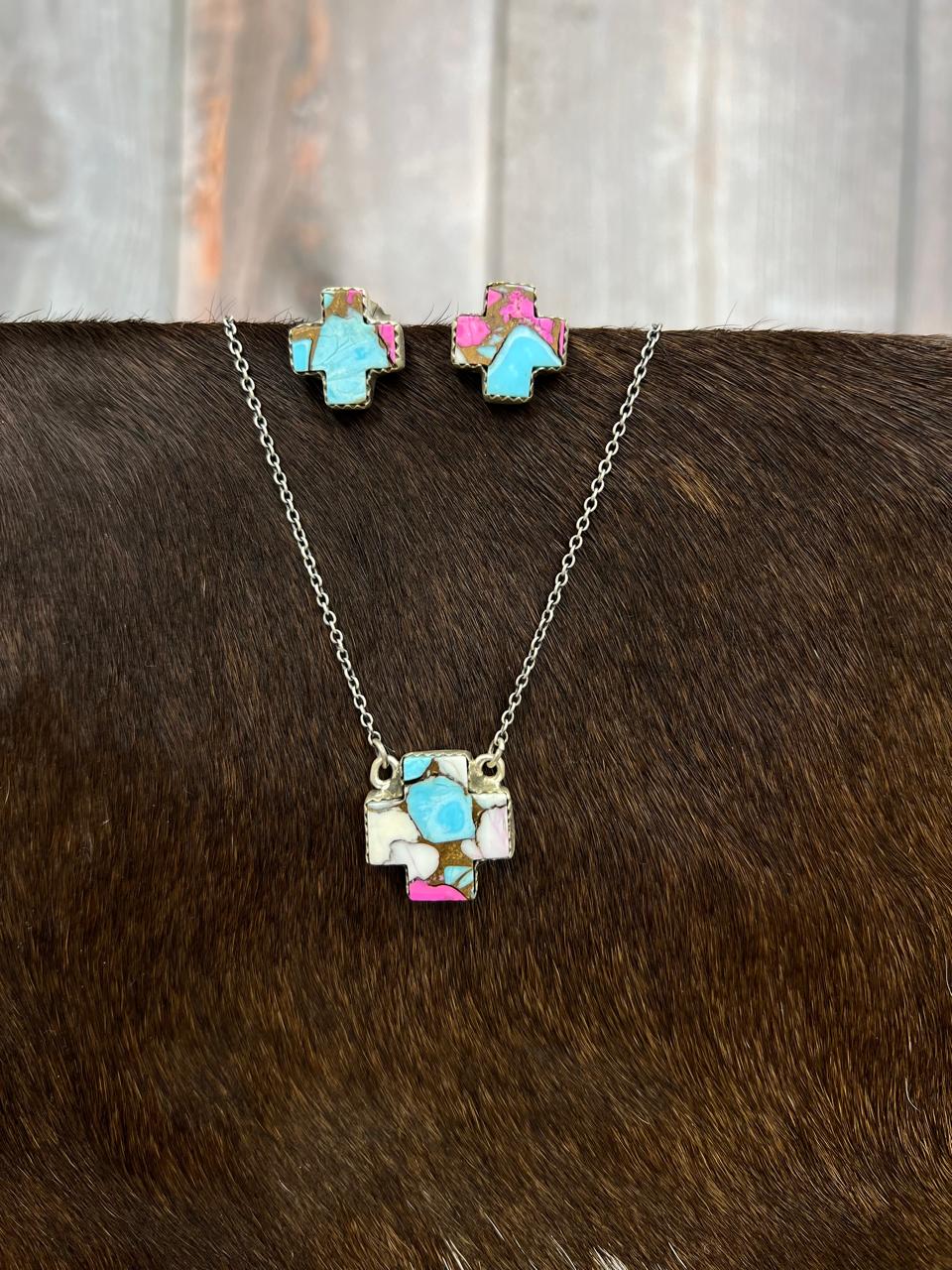 Handmade Sterling Silver Cotton Candy Turquoise Cross Necklace Earrings Set, Signed Nizhoni