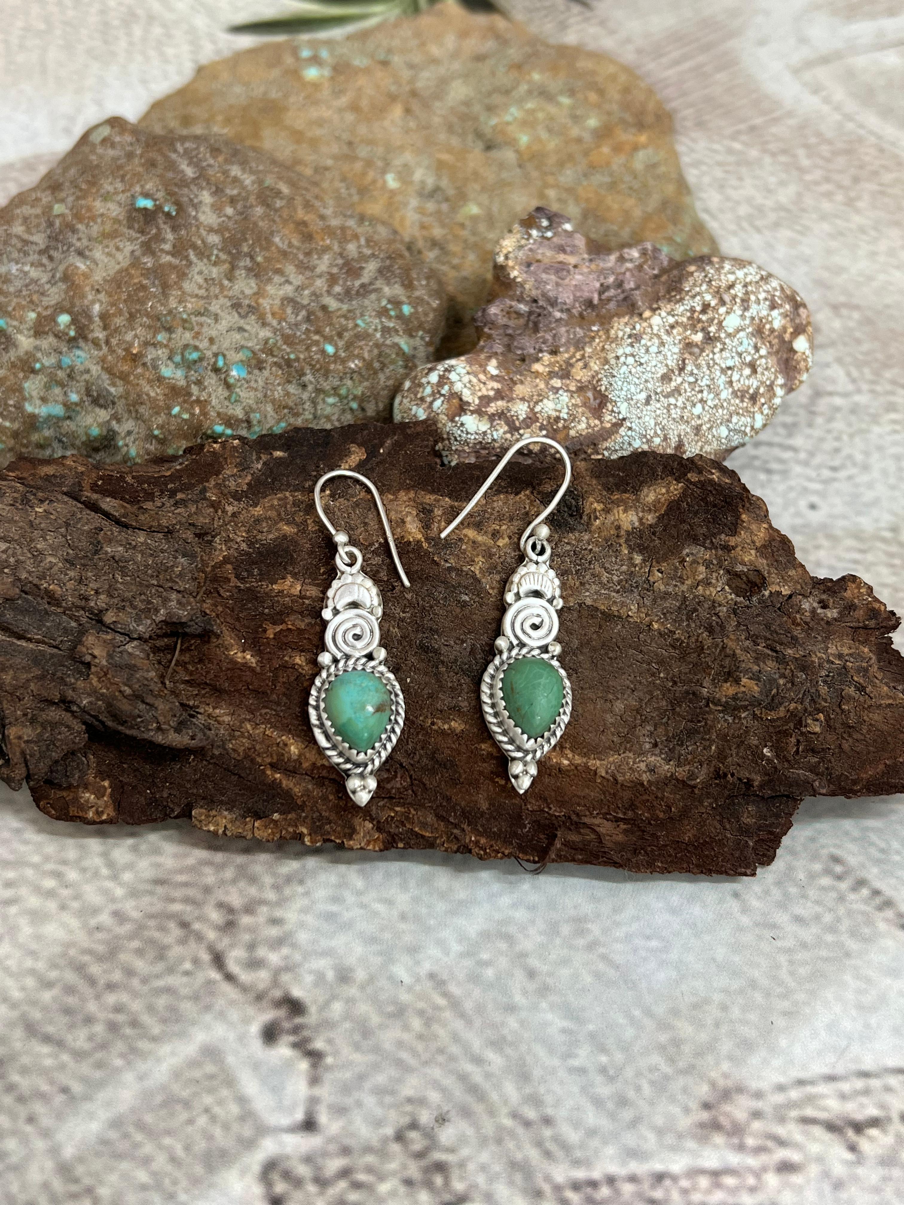 Handmade Sterling Silver Kingman Turquoise Hoop Dangle Earrings with Signed Nizhoni