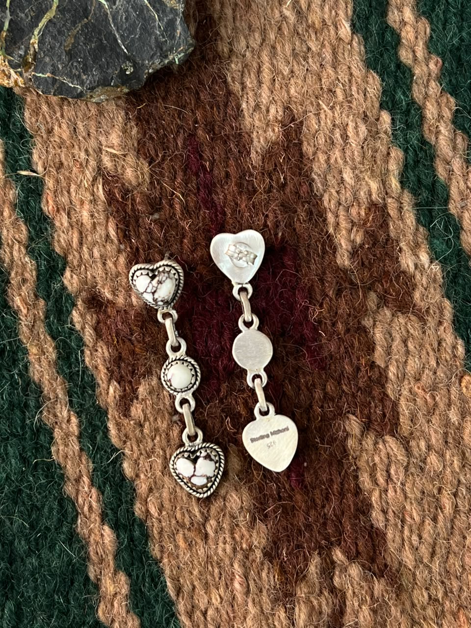 Handmade Sterling Silver Wildhorse Magnesite Post Heart Dangle Earrings Signed Nizhoni