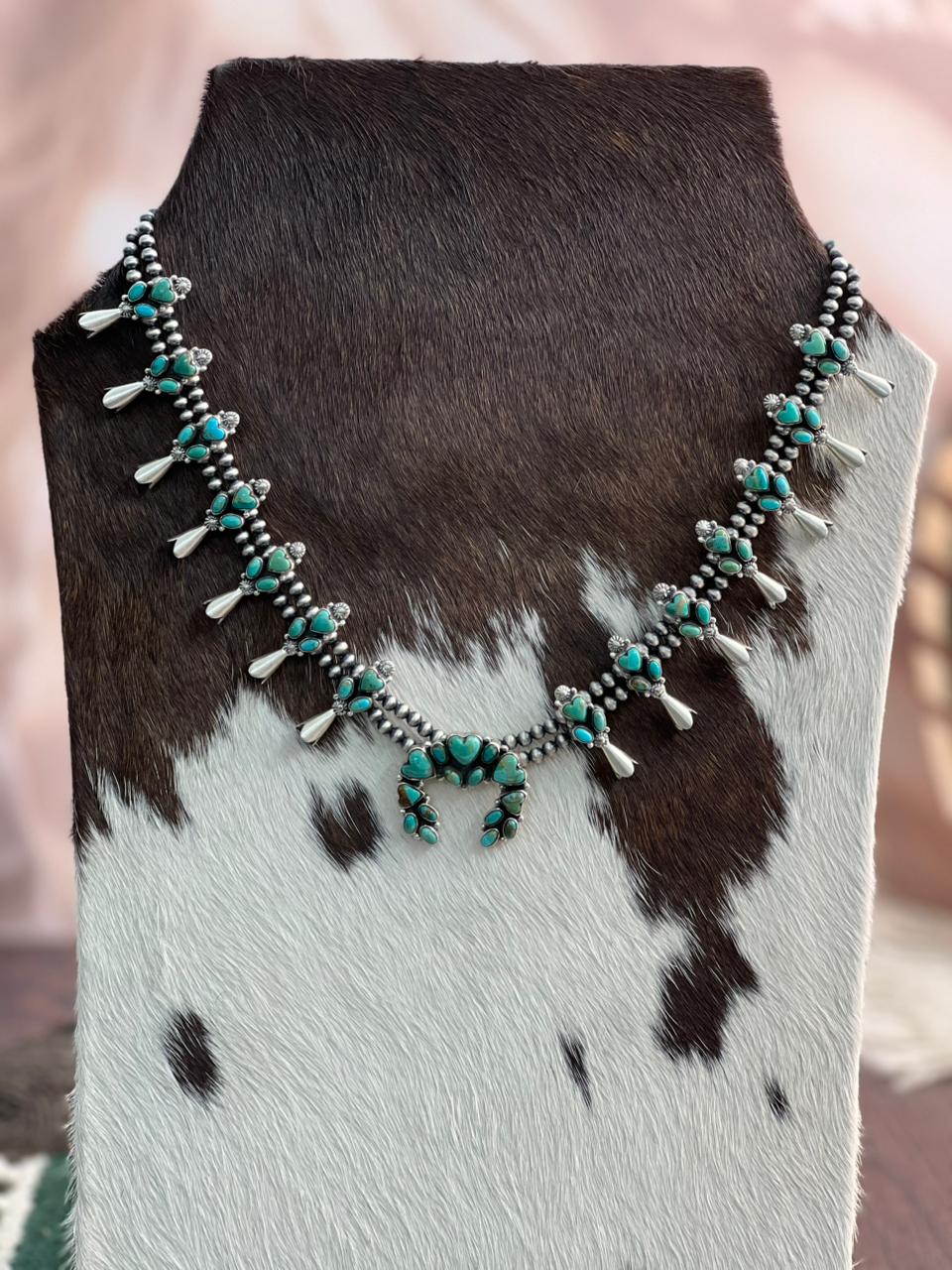 "Heart Collection" Handmade Sterling Silver Beaded Kingman Turquoise Squash Blossom Necklace "Signed Nizhoni"