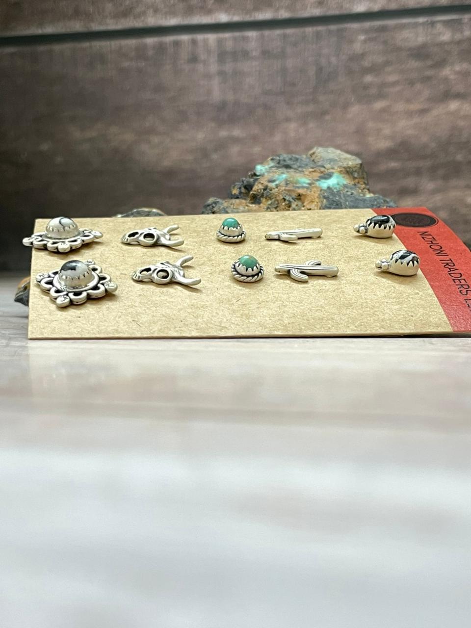 Handmade Sterling Silver White Buffalo with Kingman Turquoise Studs (Cards) Earrings Set