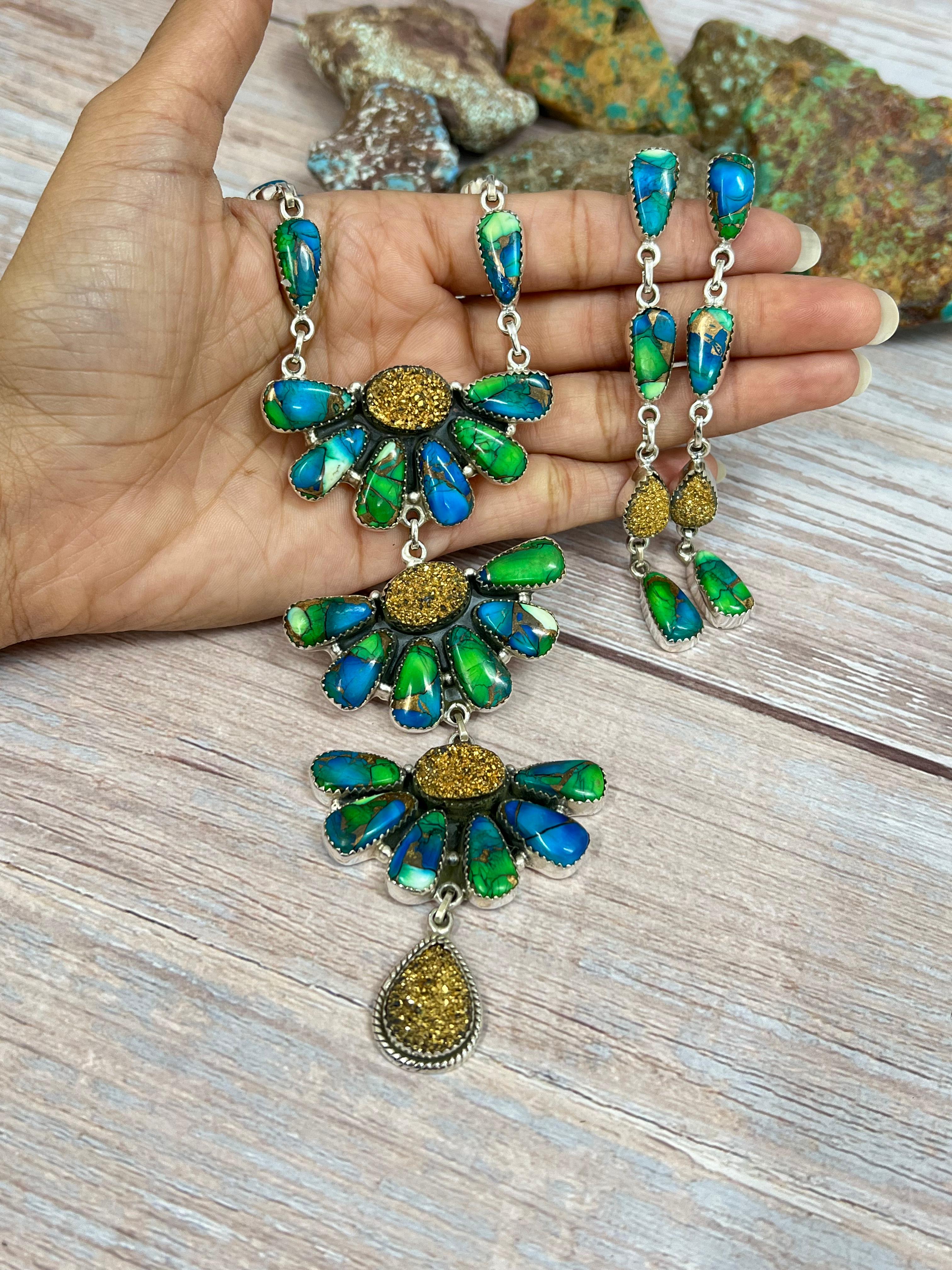 Handmade Sterling Silver Peacock Dahlia with Druzy Necklace Earrings Set with Signed Nizhoni