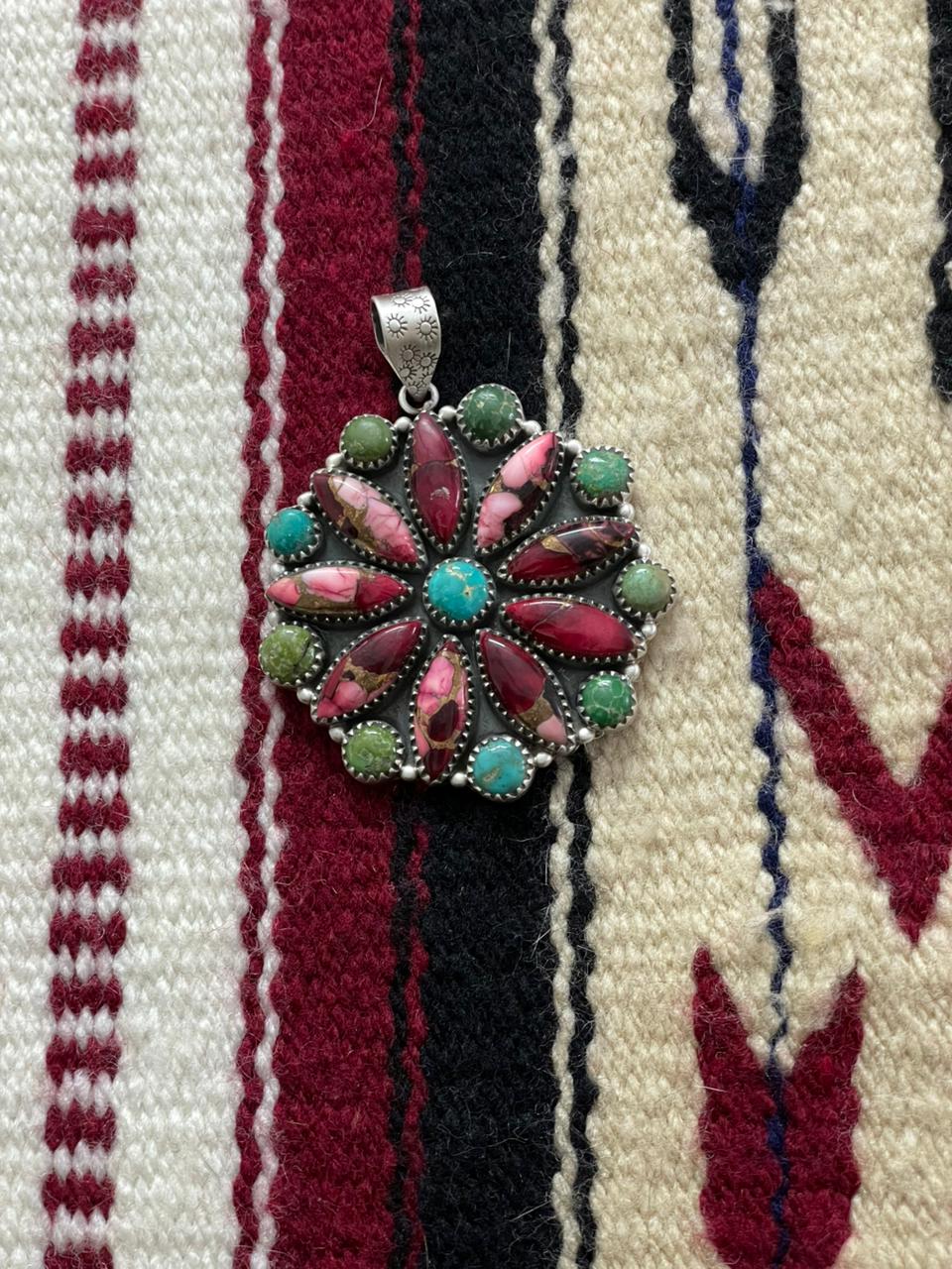 Handmade Sterling Silver Emerald Valley with Dahlia Rose Pendant "Signed Nizhoni"