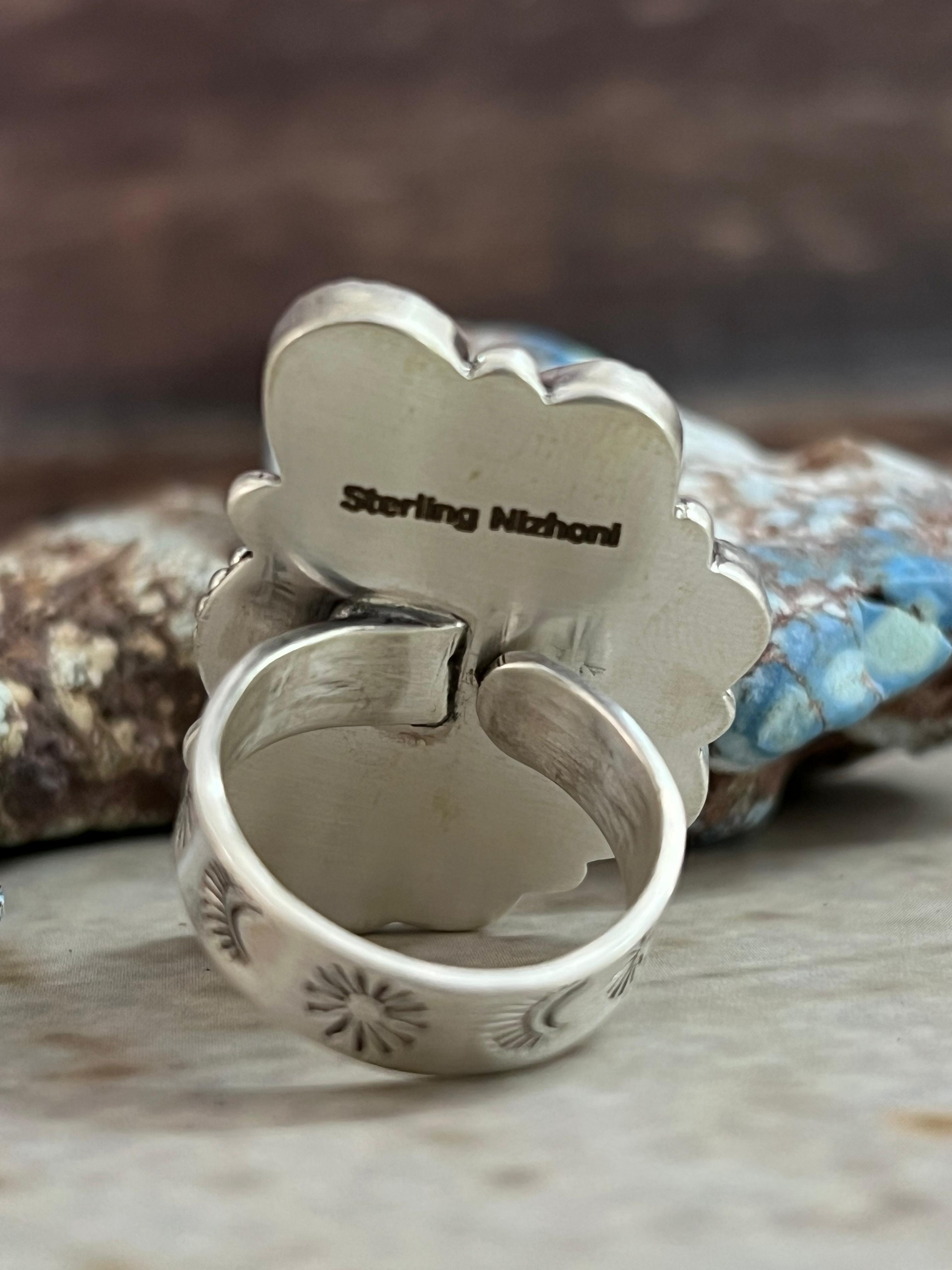 Handmade Sterling Silver Sonoran Mountain Turquoise Adjustable Ring, Signed Nizhoni