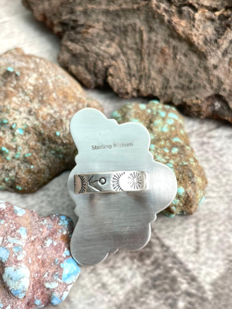 Handmade Sterling Silver Royston Ribbon Turquoise Adjustable Ring with Signed Nizhoni