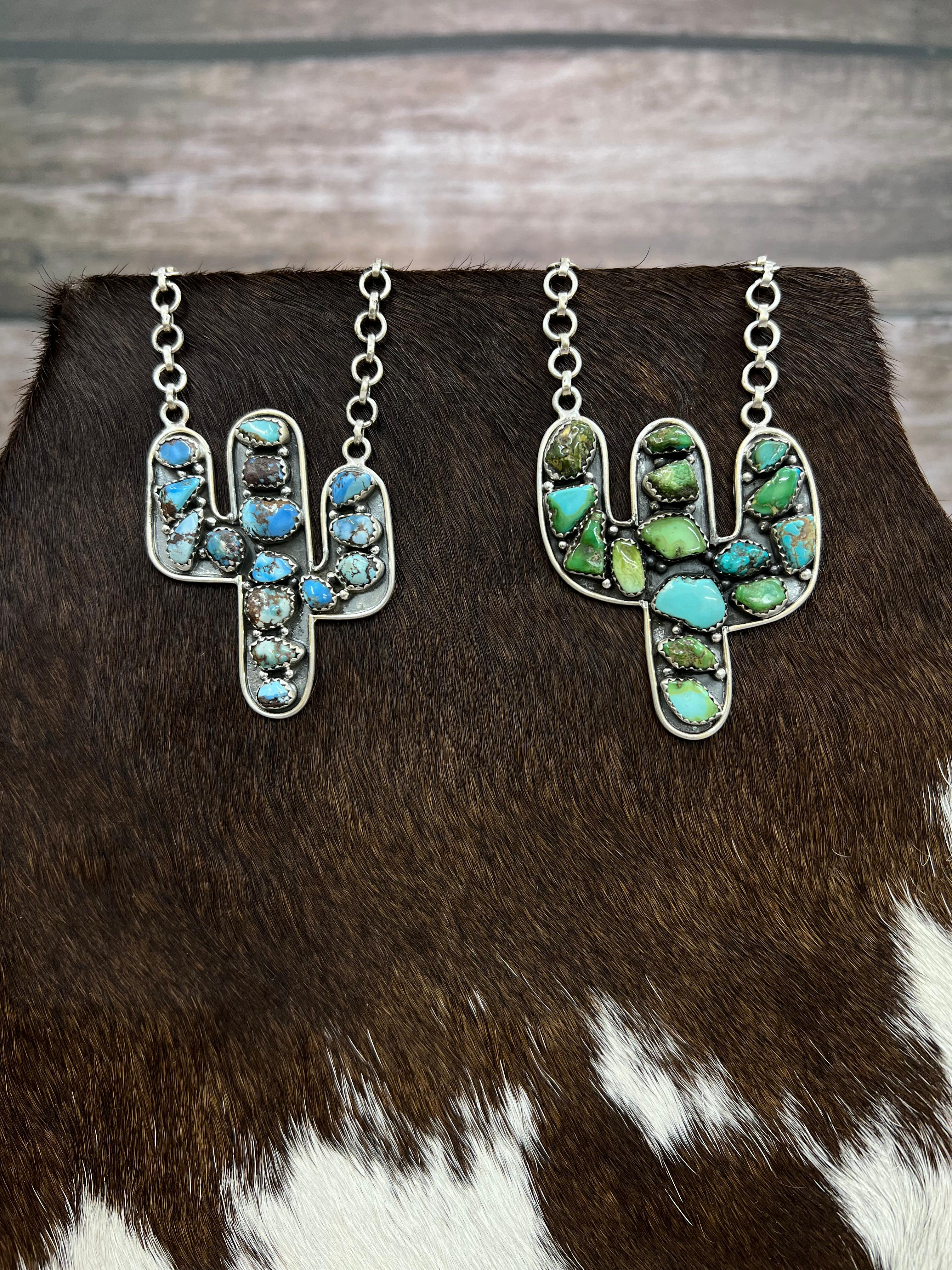 Handmade Sterling Silver Golden Hill Turquoise, Sonoran Cactus Necklace with Signed Nizhoni