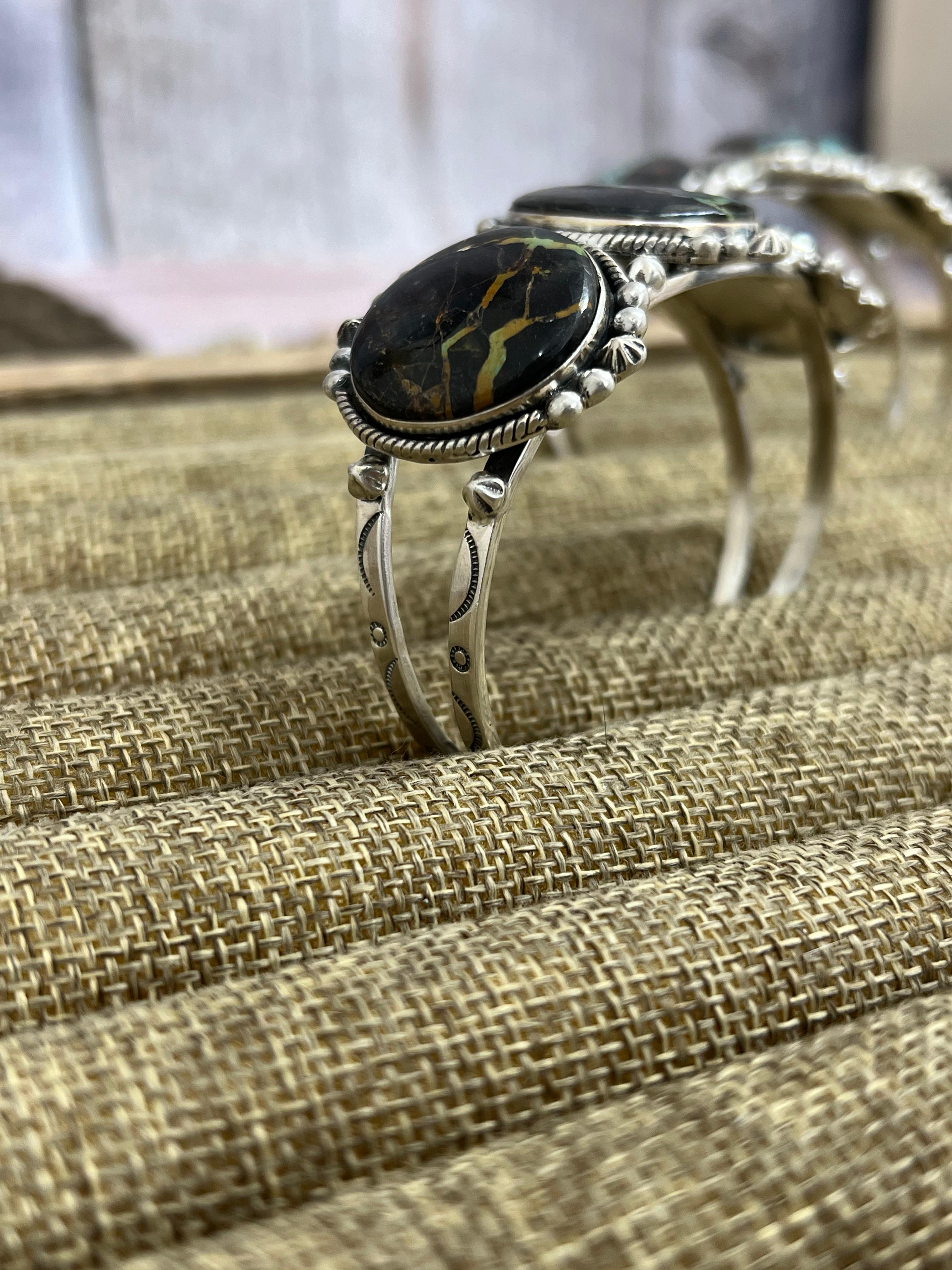 Handmade Sterling Silver Black Jack Cuff Bracelet with Signed Nizhoni