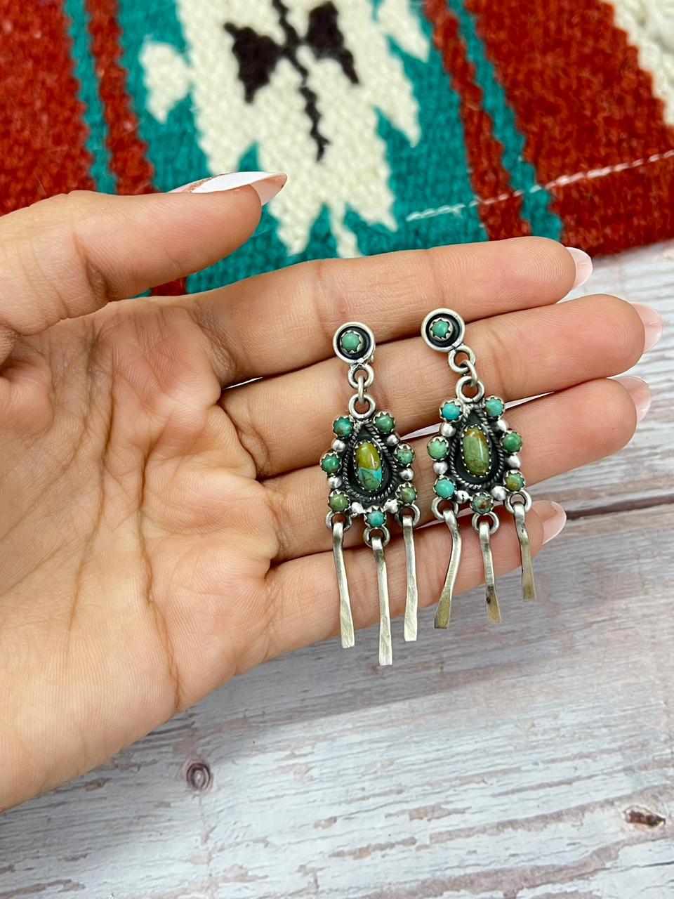 Handmade Sterling Silver Kingman Turquoise Hook Dangle Earrings "Signed Nizhoni"