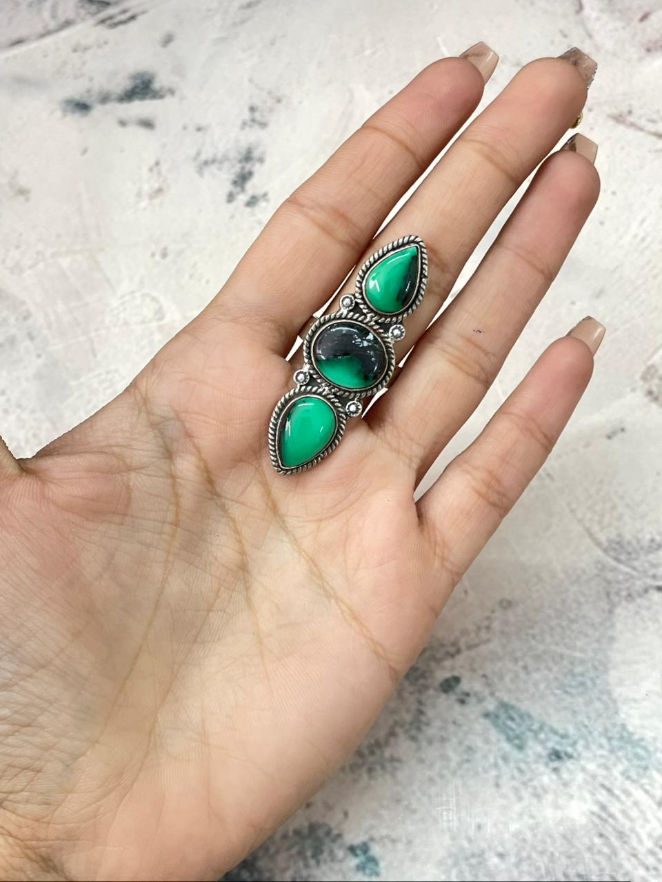 Handmade Sterling Silver Emerald Rose Adjustable Ring "Signed Nizhoni"