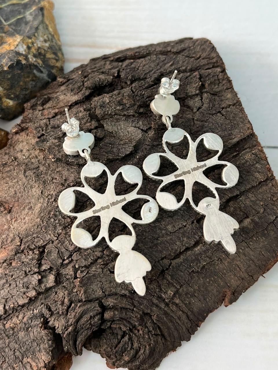 Handmade Sterling Silver Kingman Turquoise Post Dangle Earrings Signed Nizhoni