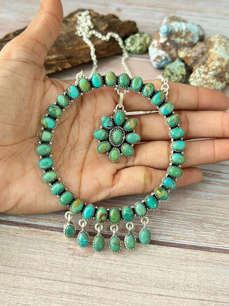 Handmade Sterling Silver Kingman Turquoise Necklace with Signed Nizhoni