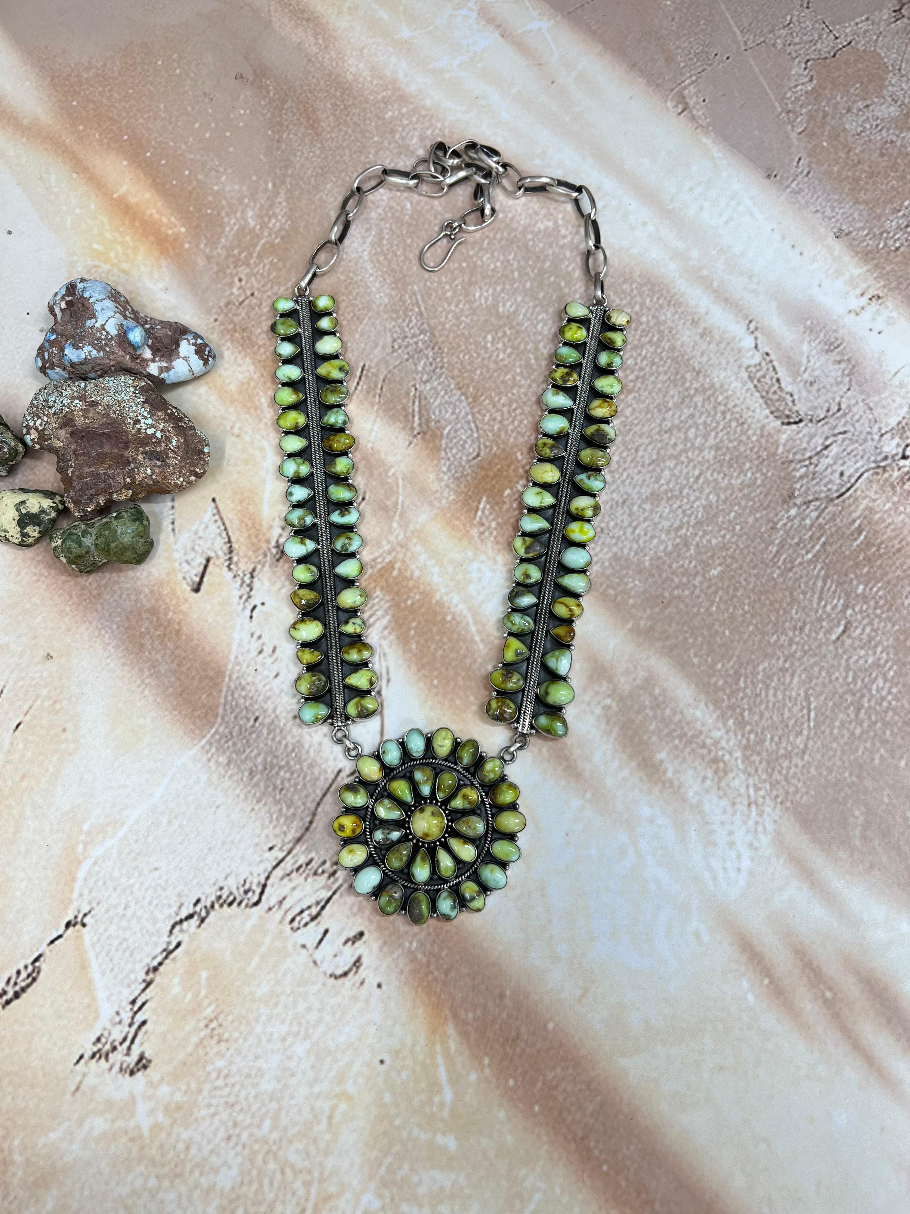 Handmade Sterling Silver Palomino Turquoise Necklace with Signed Nizhoni