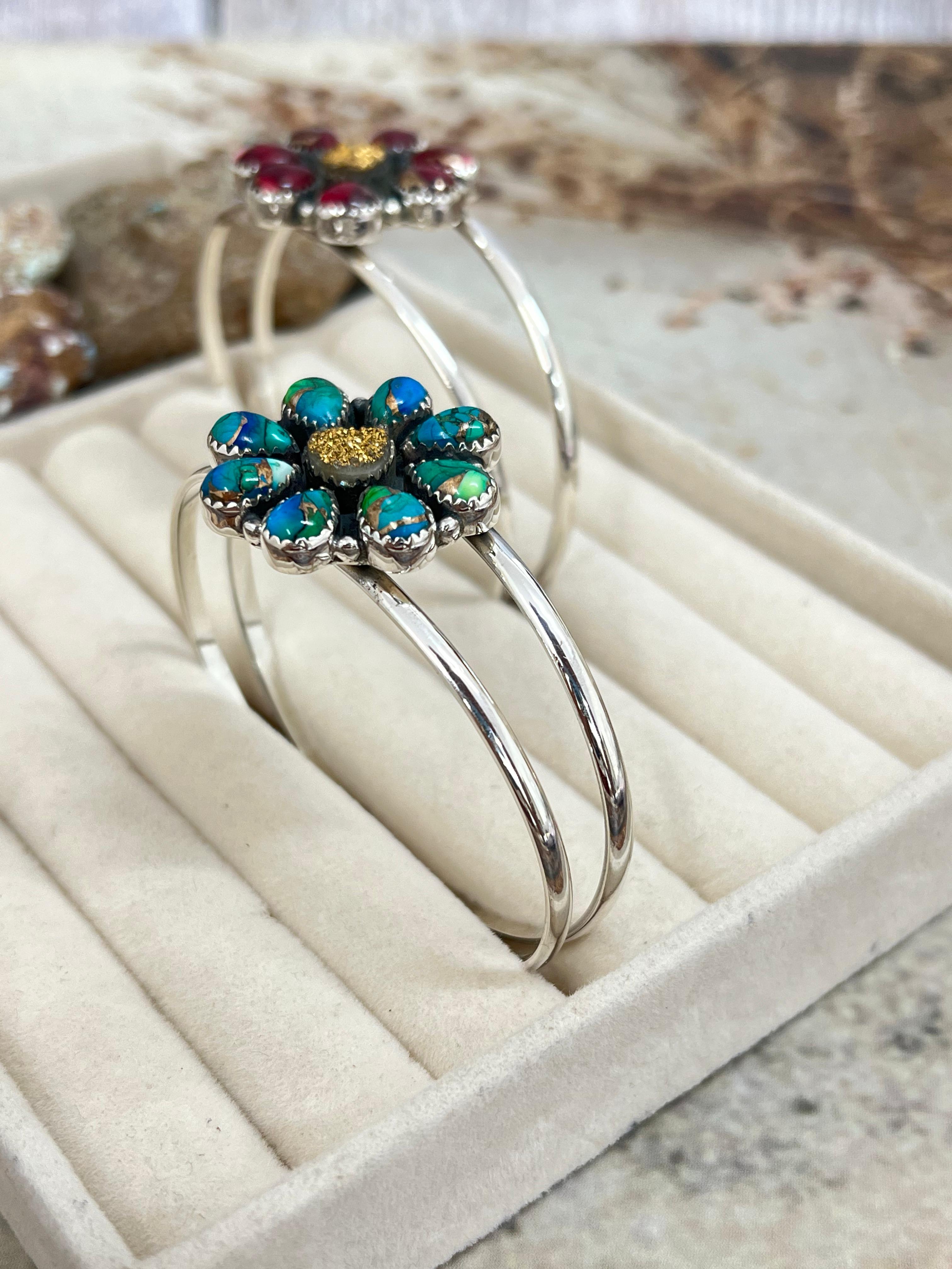 Handmade Sterling Silver Peacock Dahlia with Druzy, Dahlia Rose with Druzy Cuff Bracelet, Signed Nizhoni