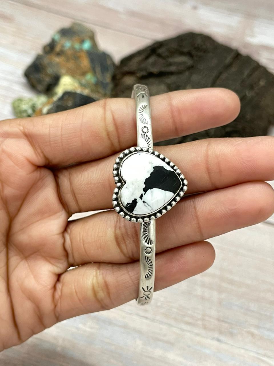 Handmade Sterling Silver White Buffalo Heart Cuff Bracelet "Signed Nizhoni"