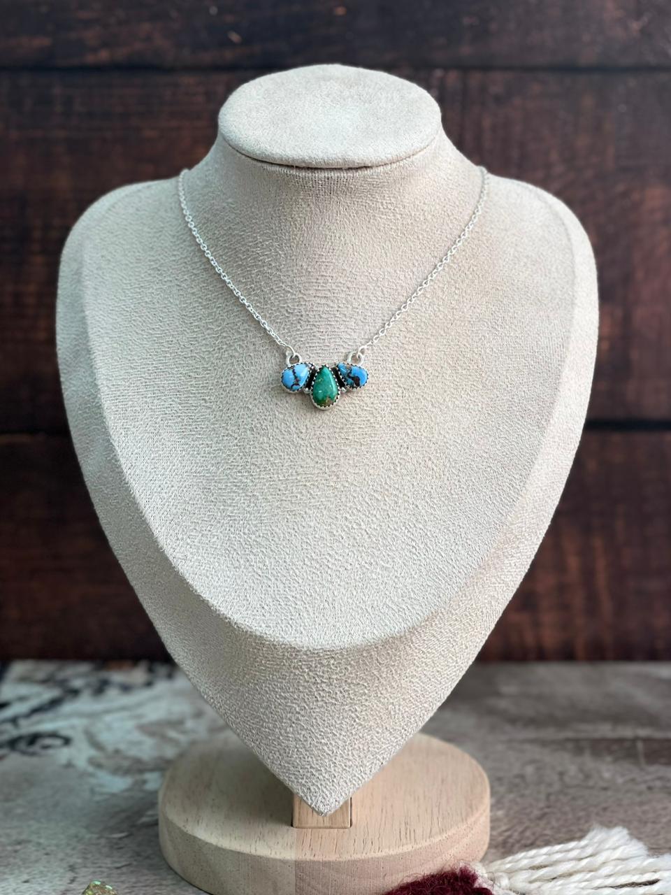 Handmade Sterling Silver Golden Hills Turquoise with Sonoran Mountain Turquoise Necklace "Signed Nizhoni"